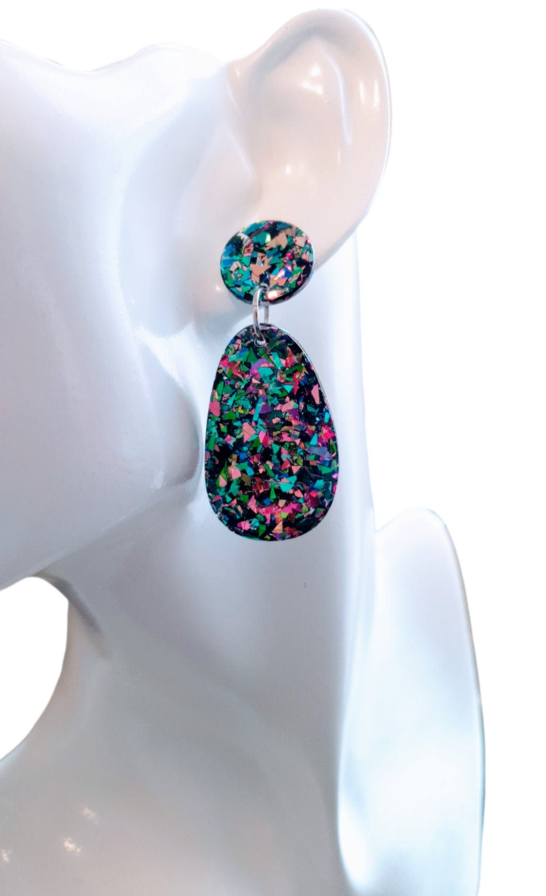 Statement Oval Organic Shape Drop Earrings, Green Blue Pink Tormented Glitter, Resin Handmade, Stainless Steel. Personalised Gift