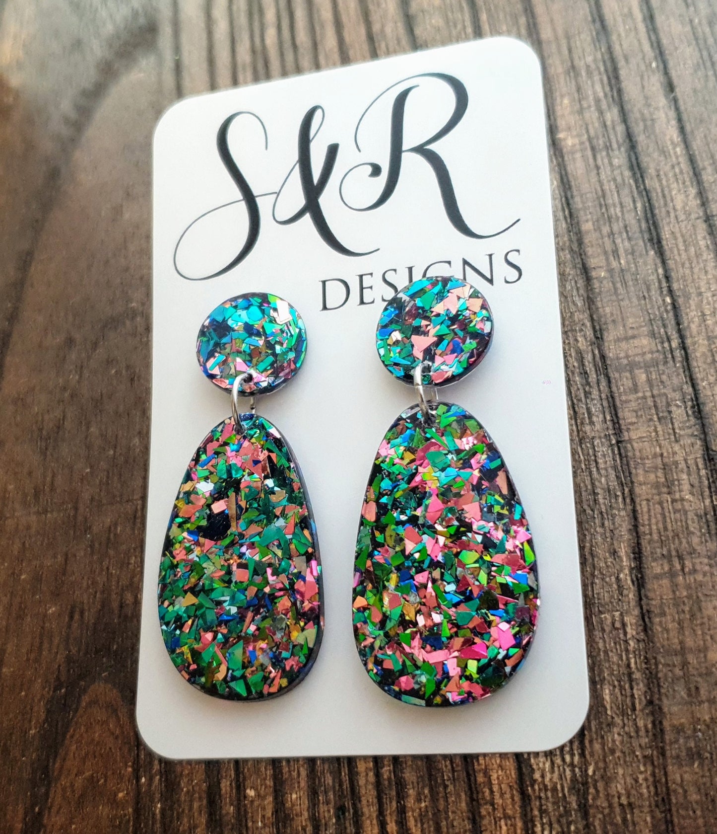 Statement Oval Organic Shape Drop Earrings, Green Blue Pink Tormented Glitter, Resin Handmade, Stainless Steel. Personalised Gift