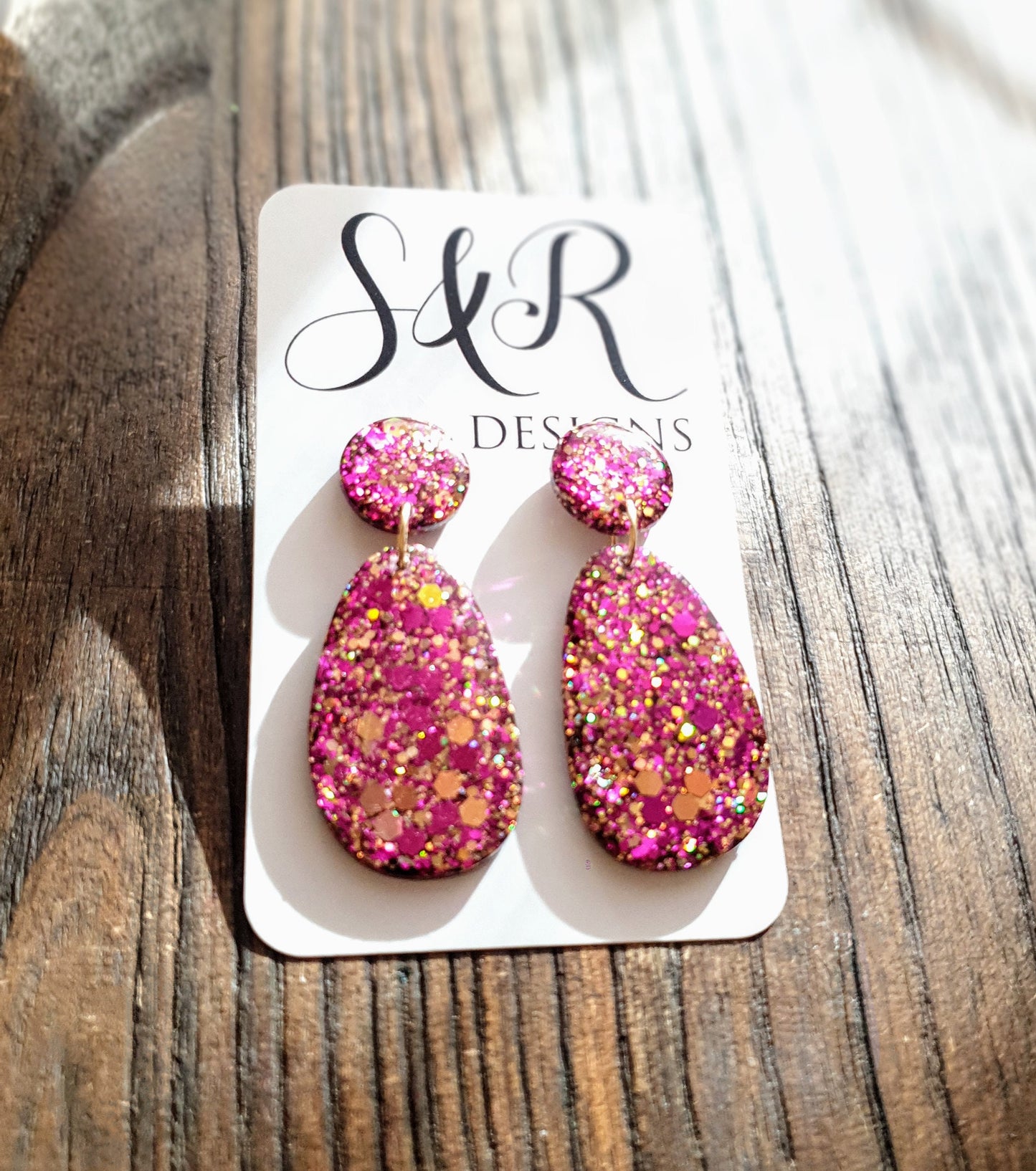 Statement Oval Organic Shape Drop Earrings, Gold Pink Mix Glitter, Resin Handmade, Stainless Steel. Personalised Gift
