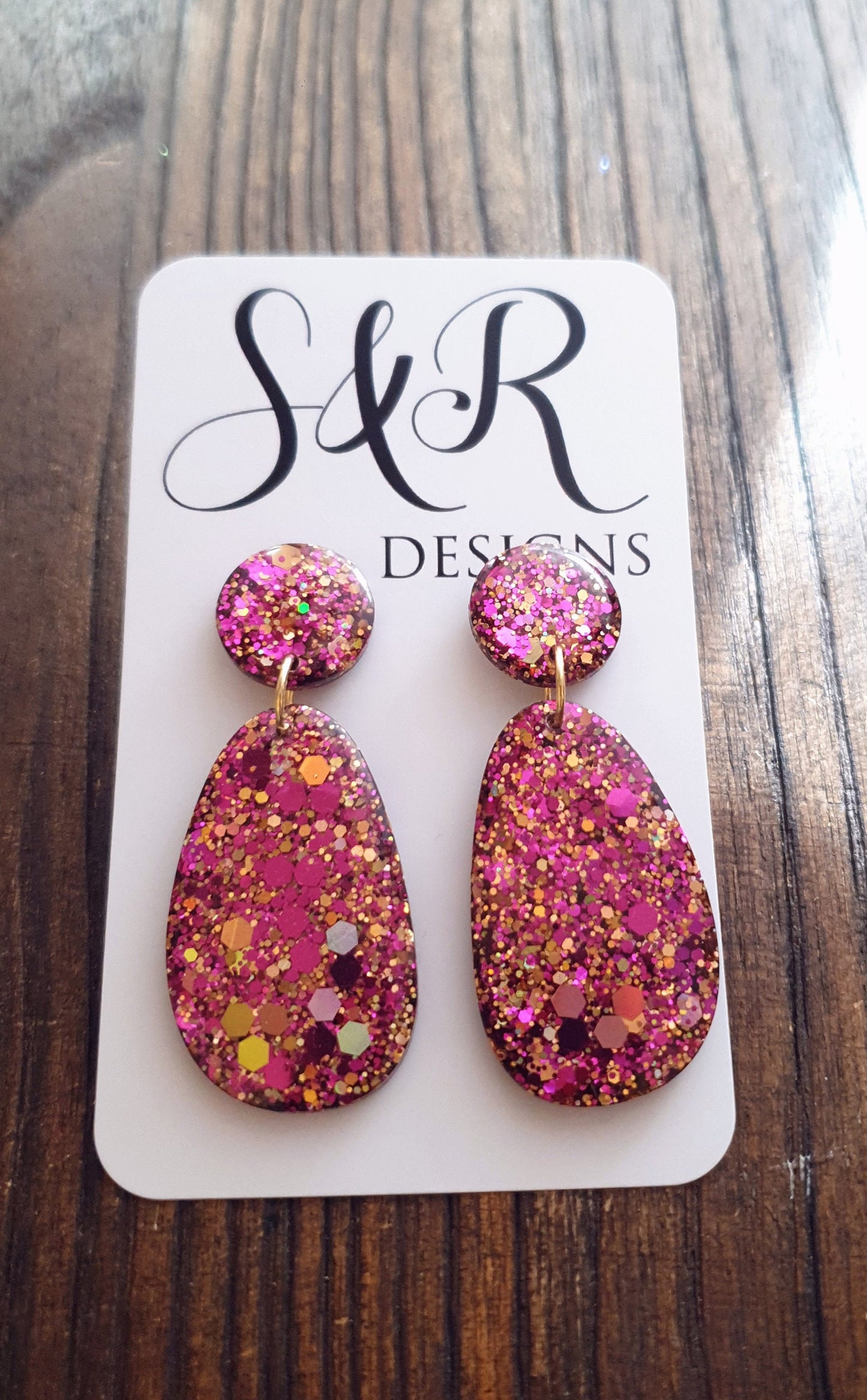 Statement Oval Organic Shape Drop Earrings, Gold Pink Mix Glitter, Resin Handmade, Stainless Steel. Personalised Gift