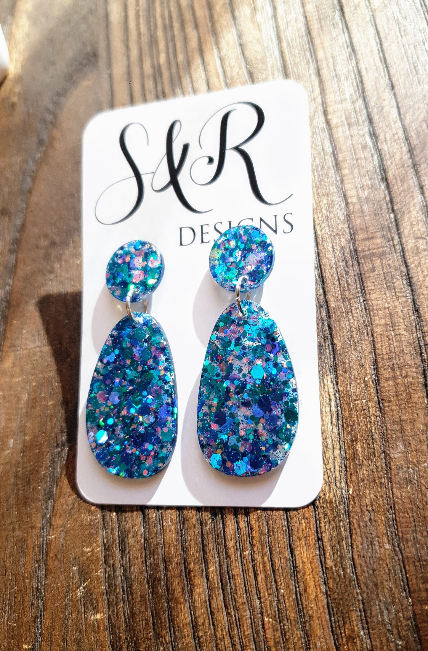 Statement Blue Oval Organic Shape Drop Earrings, Blue Holographic Pink Mix Glitter, Resin Handmade, Stainless Steel. Personalised Gift