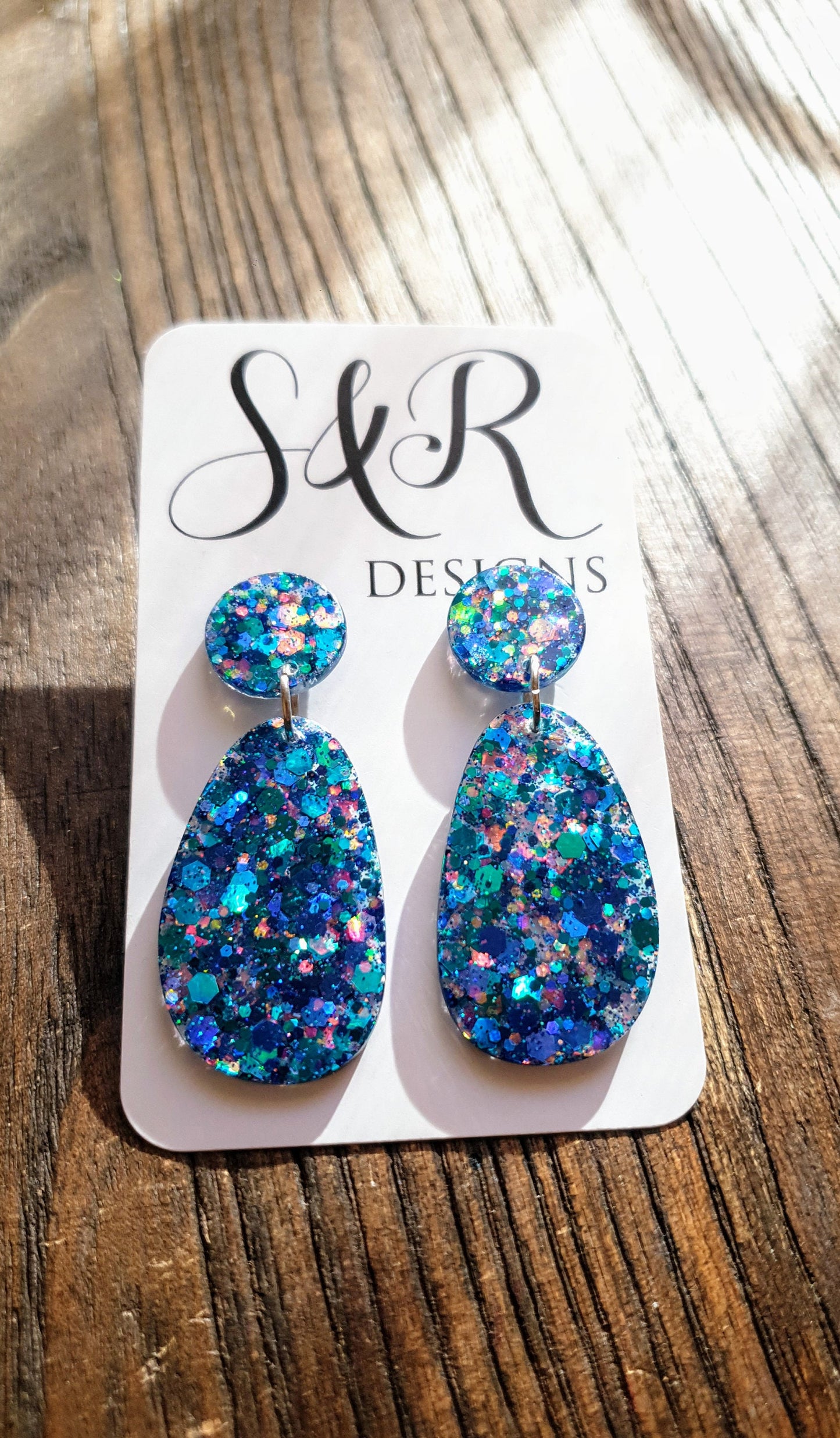 Statement Blue Oval Organic Shape Drop Earrings, Blue Holographic Pink Mix Glitter, Resin Handmade, Stainless Steel. Personalised Gift