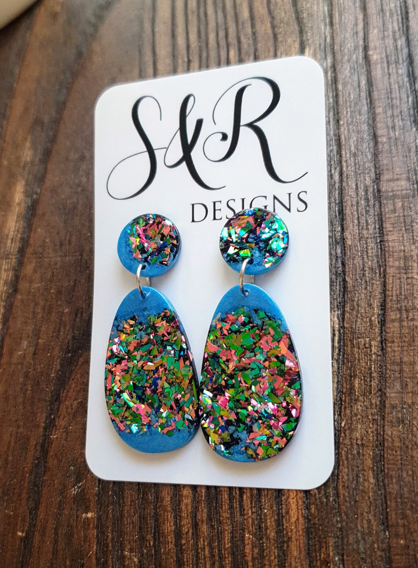 Sparkling Blue Multicoloured Organic Shape Drop Earrings, Green Blue Pink Teal Glitter, Resin Handmade, Stainless Steel. Earrings Lover Gift
