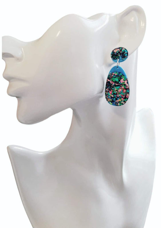 Sparkling Blue Multicoloured Organic Shape Drop Earrings, Green Blue Pink Teal Glitter, Resin Handmade, Stainless Steel. Earrings Lover Gift