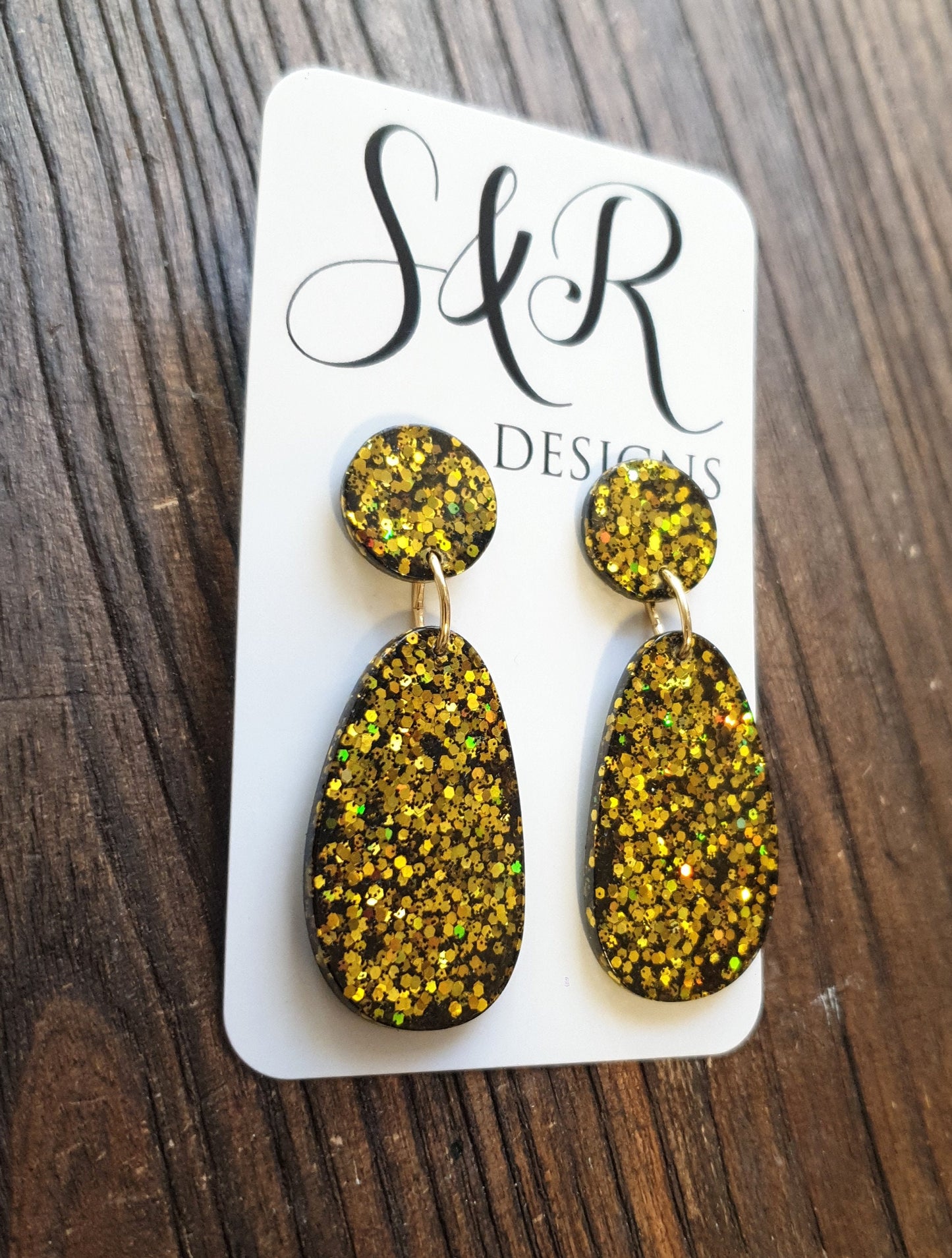 Black Gold Organic Shape Drop Earrings, Gold and Black Mix Glitter, Resin Handmade, Stainless Steel. Earrings Lover Gift
