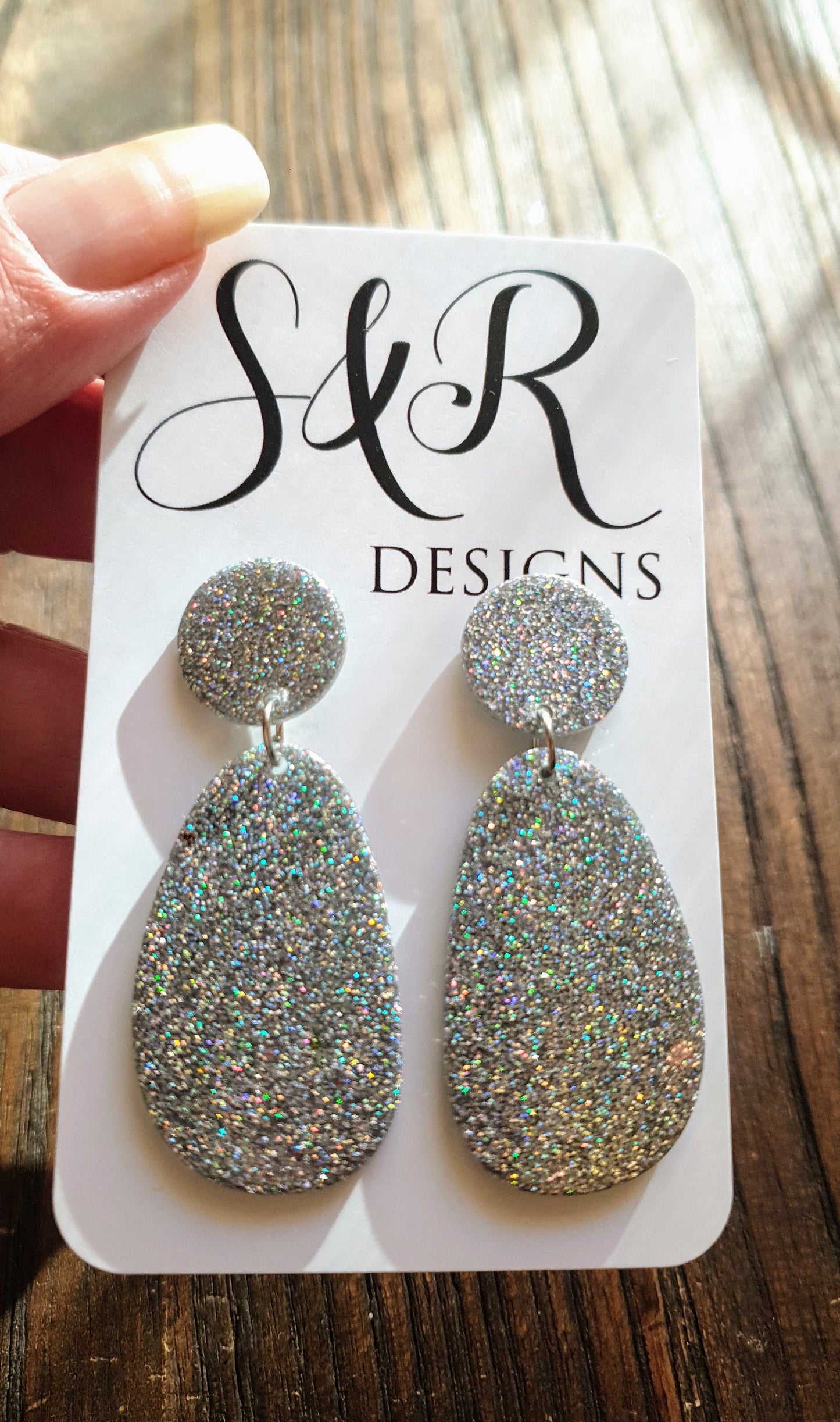 Silver Holographic Organic Shape Drop Earrings, Silver Mix Glitter, Resin Handmade, Stainless Steel. Earrings Lover Gift