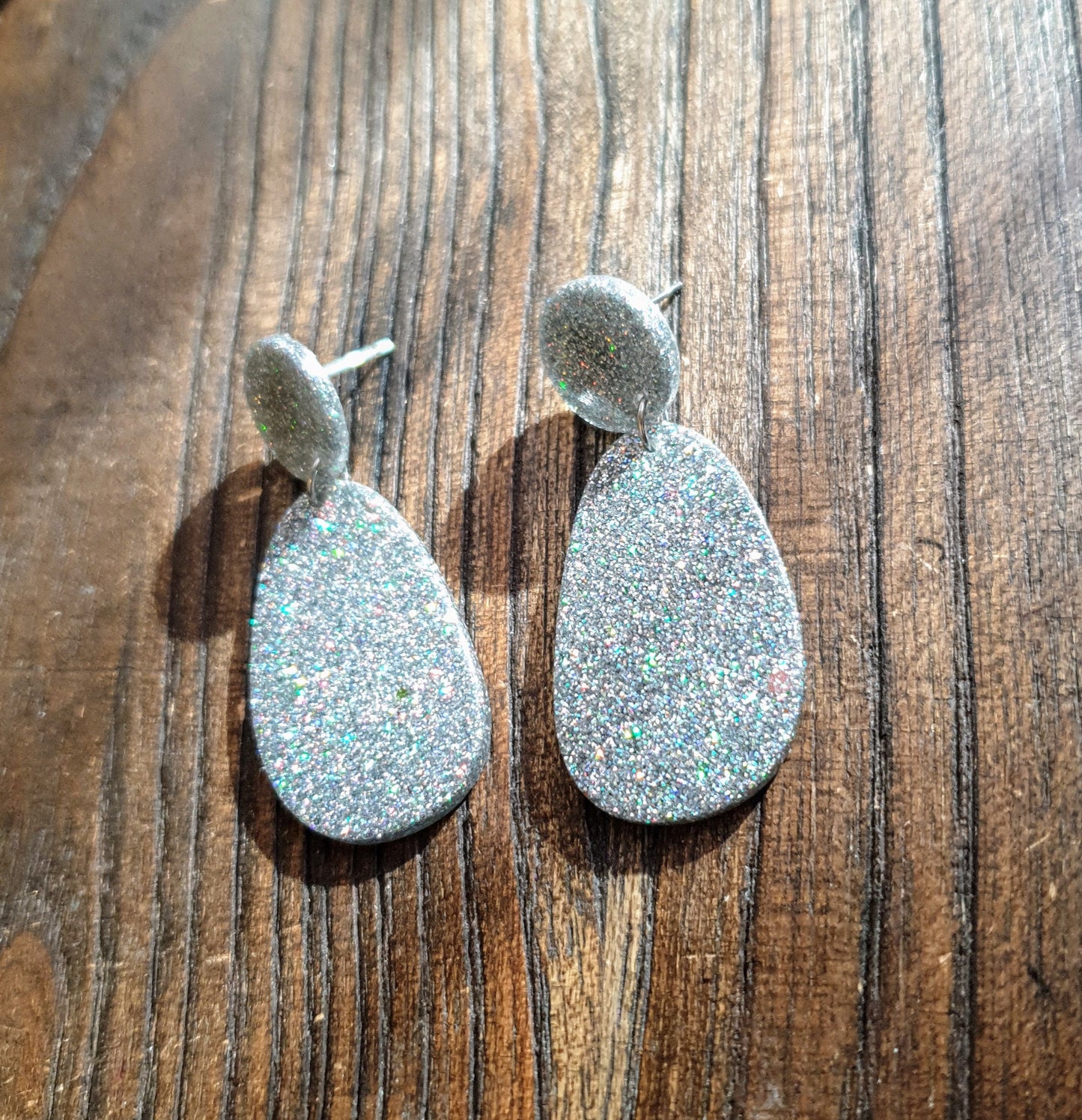 Silver Holographic Organic Shape Drop Earrings, Silver Mix Glitter, Resin Handmade, Stainless Steel. Earrings Lover Gift