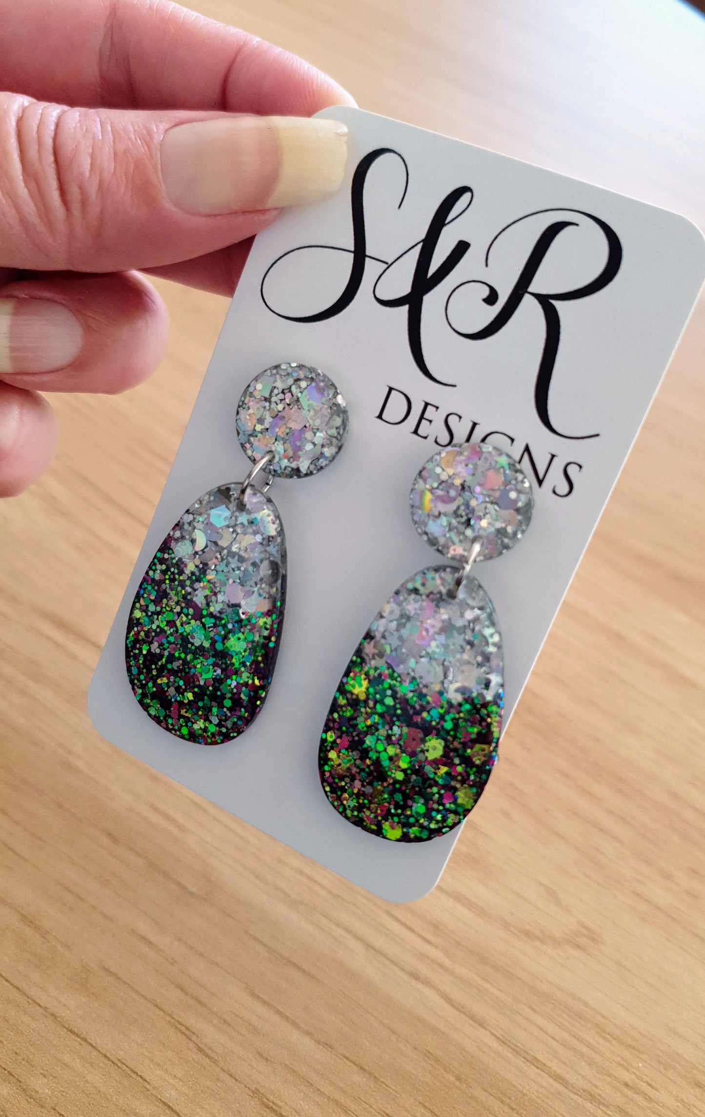 Silver Holographic Chameleon Organic Shape Drop Earrings, Silver Mix Glitter, Resin Handmade, Stainless Steel. Earrings Lover Gift