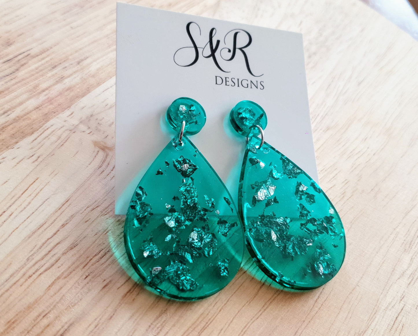 Teardrop Dangle Silver Leaf Earrings, Green with Silver Leaf Resin Drop Dangles, Stainless Steel, Statement Handmade Gift.