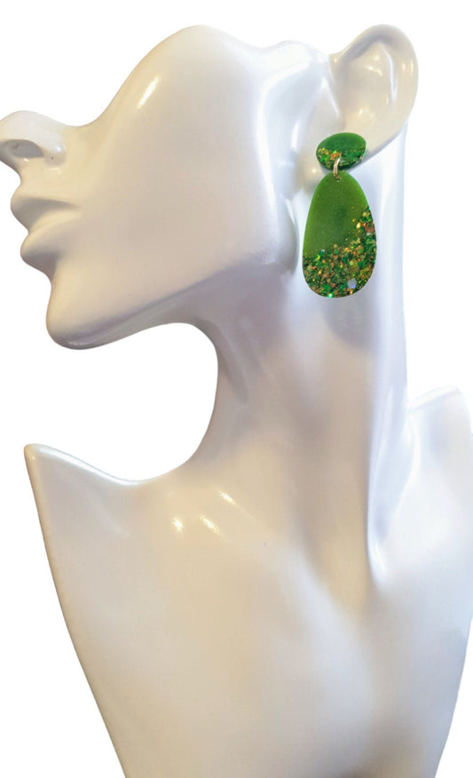 Sparkly Green Oval Organic Shape Drop Earrings, Green Gold Mix Glitter, Resin Handmade, Stainless Steel. Personalised Gift