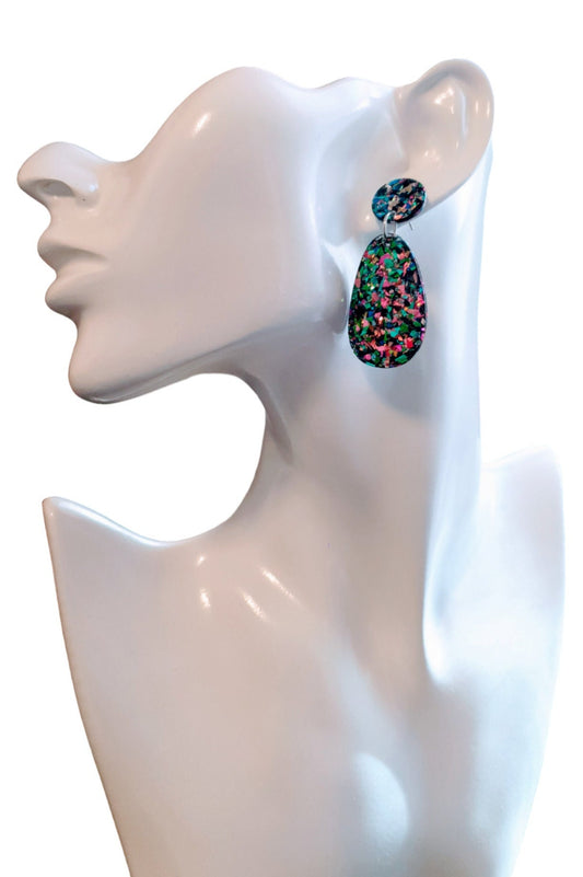 Statement Oval Organic Shape Drop Earrings, Green Blue Pink Tormented Glitter, Resin Handmade, Stainless Steel. Personalised Gift
