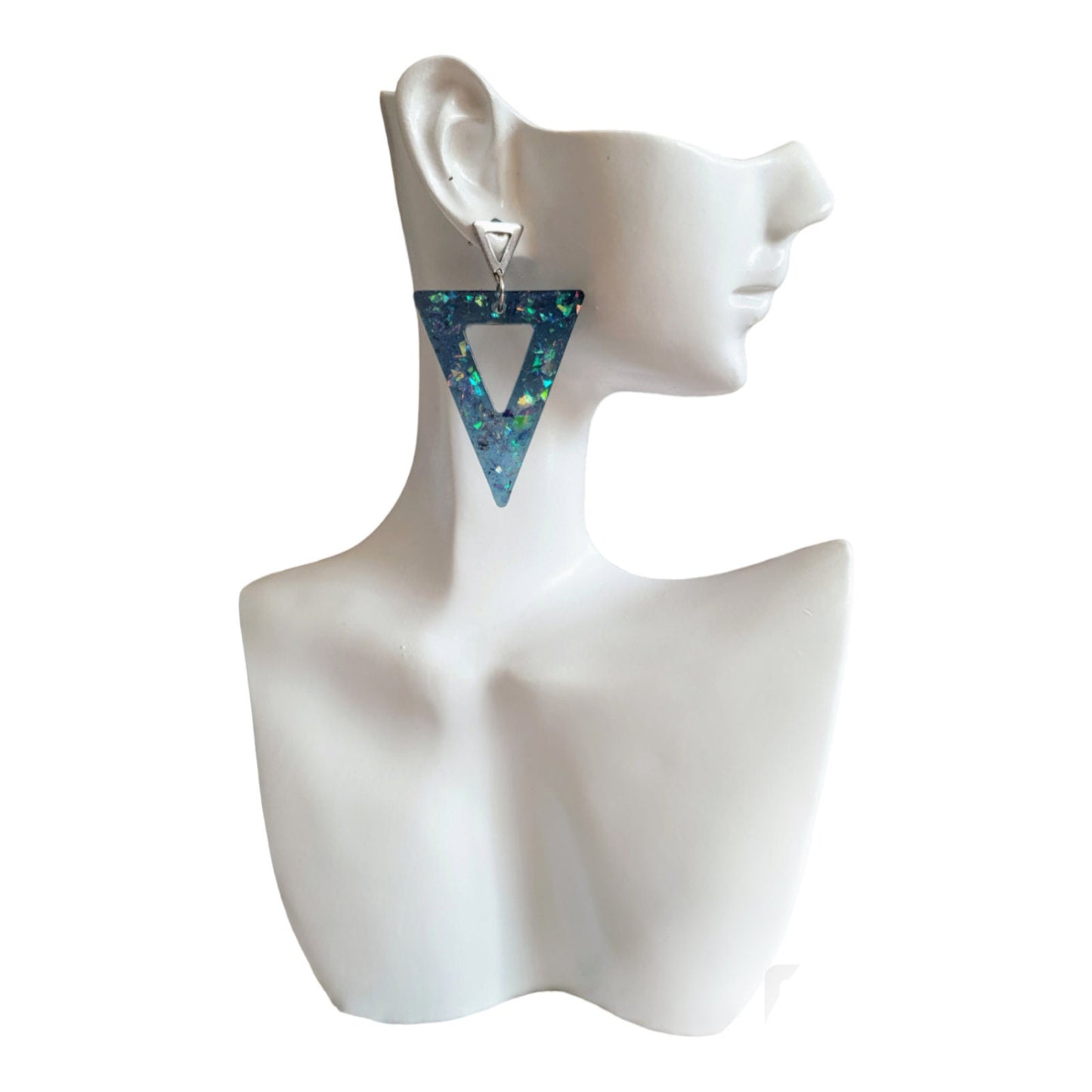 Blue Opal Design Triangle Dangle Earrings, Blue Mixed Glitter Resin Triangles, Stainless Steel Earrings, Statement Gift Earrings