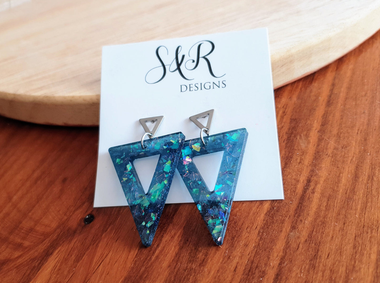 Blue Opal Design Triangle Dangle Earrings, Blue Mixed Glitter Resin Triangles, Stainless Steel Earrings, Statement Gift Earrings