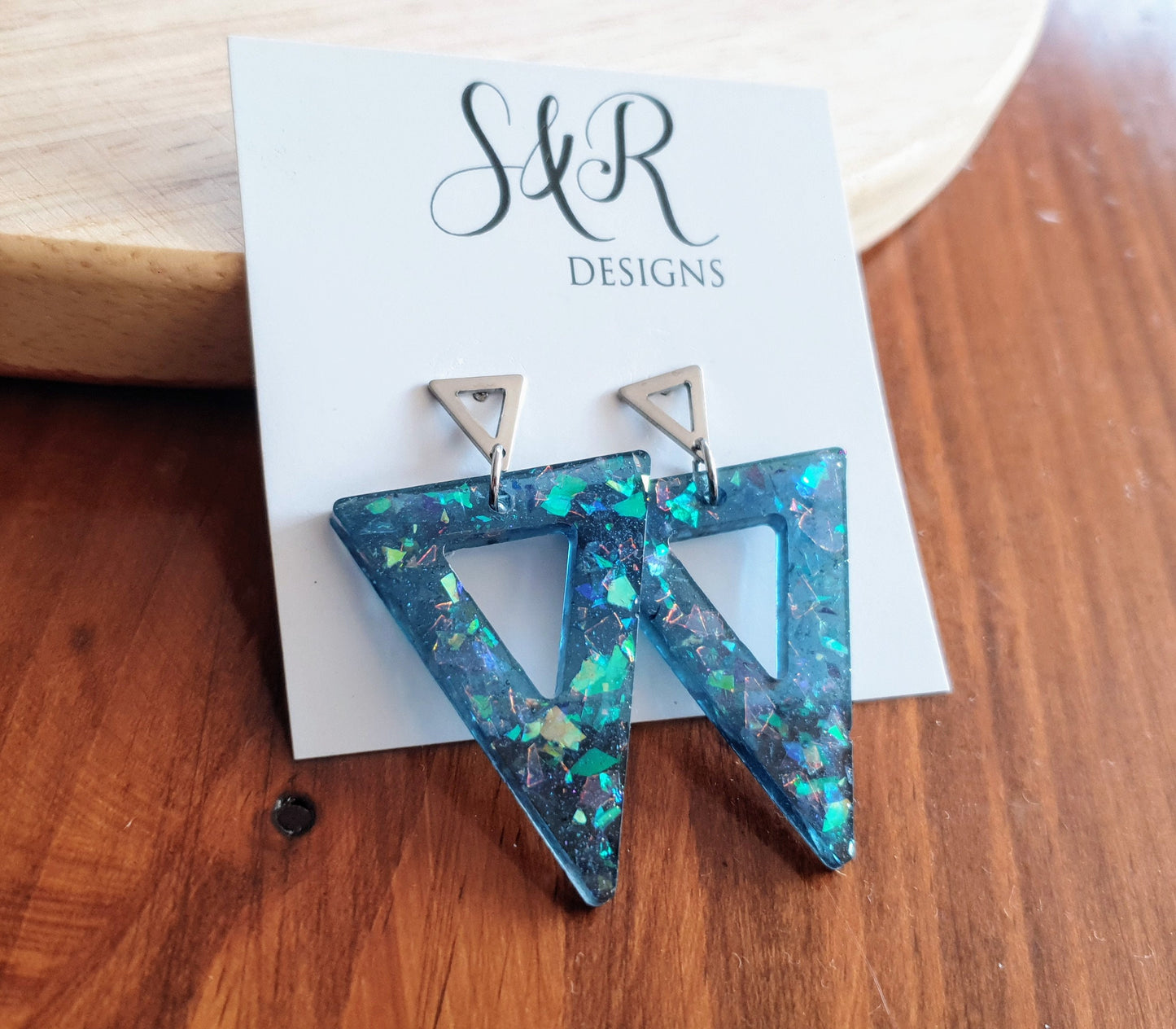 Blue Opal Design Triangle Dangle Earrings, Blue Mixed Glitter Resin Triangles, Stainless Steel Earrings, Statement Gift Earrings