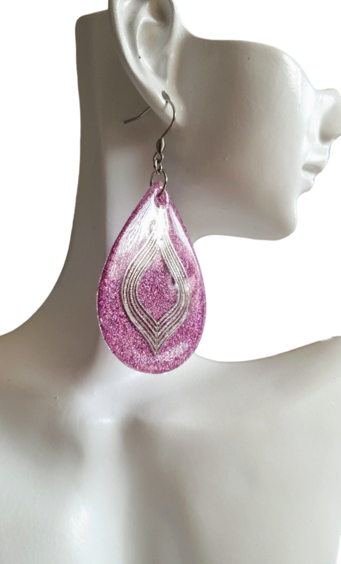 Pricilla Pink Teardrop Dangle Silver Earrings, Holographic with Silver Filigree Resin Drop Dangles, Stainless Steel, Statement Handmade Gift