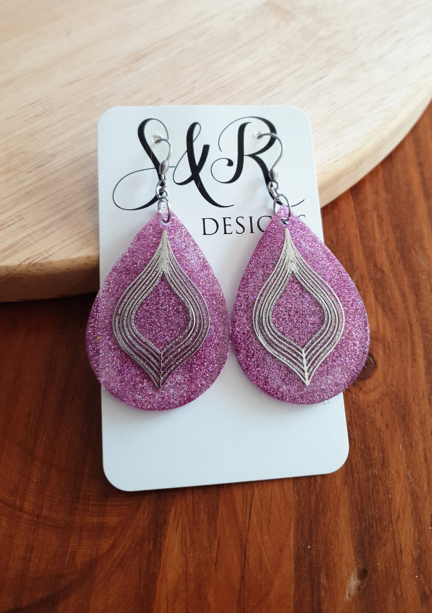 Pricilla Pink Teardrop Dangle Silver Earrings, Holographic with Silver Filigree Resin Drop Dangles, Stainless Steel, Statement Handmade Gift