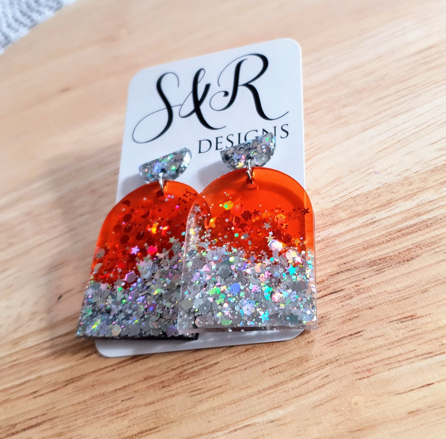Burnt Orange Silver Drop Post Earrings, Glamour Glitter Arch Dangles, Orange with Silver Mix Chunky Glitter Handmade Resin, Statement Gift