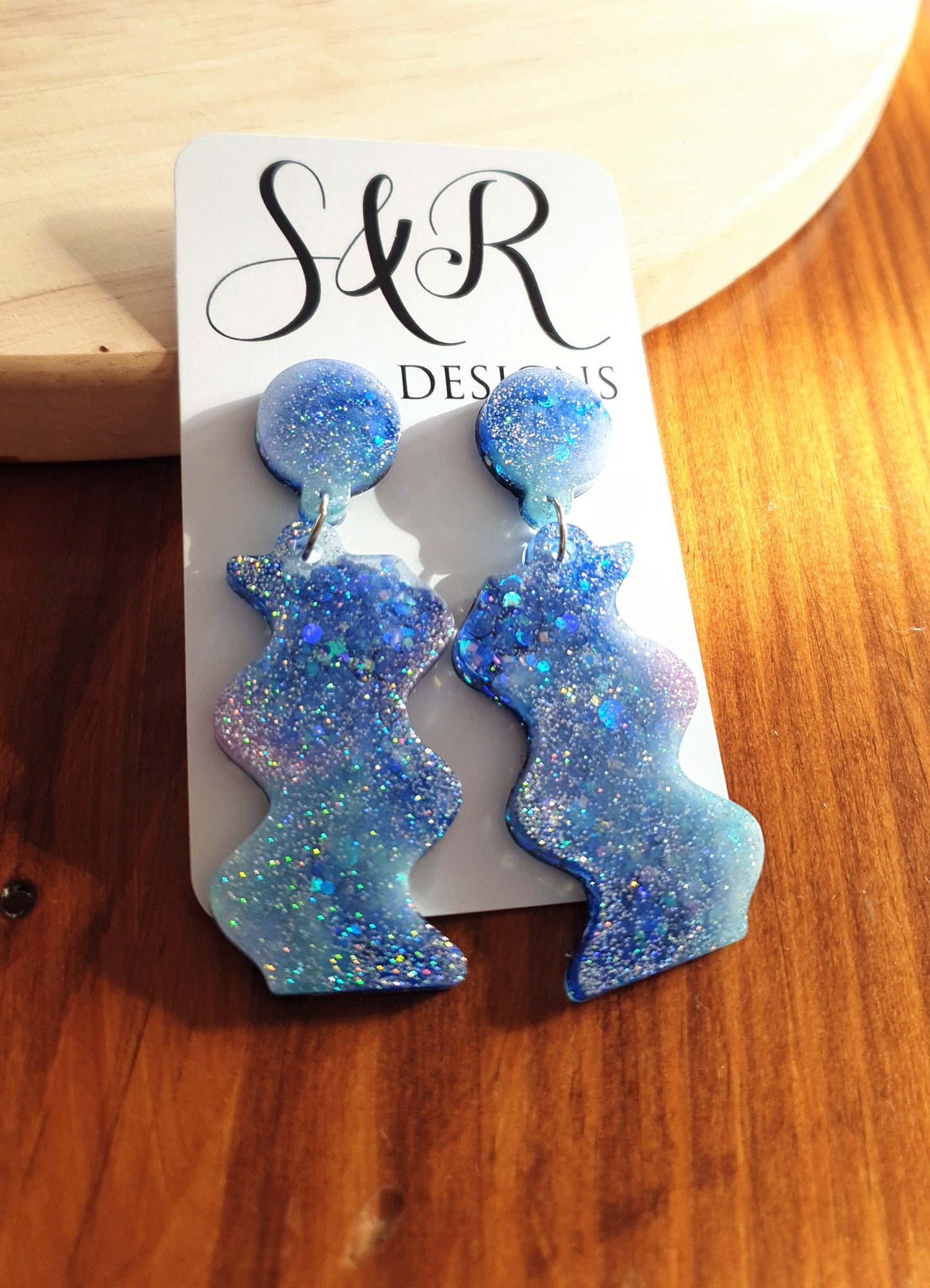 Blue Wave Dangle Drop Earrings, Blue and Purple Mix Glitters, Statement Handmade Resin Earrings
