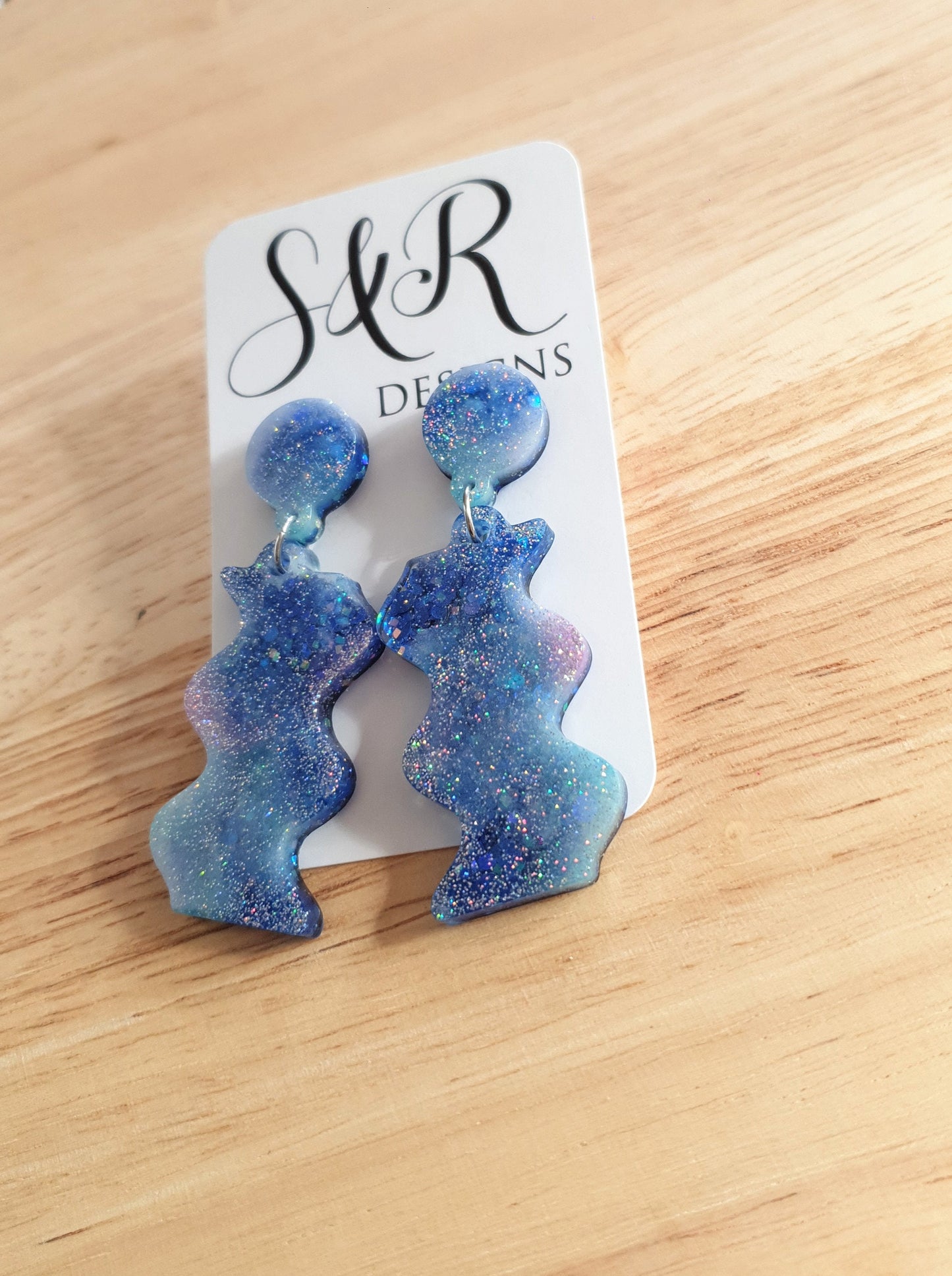 Blue Wave Dangle Drop Earrings, Blue and Purple Mix Glitters, Statement Handmade Resin Earrings
