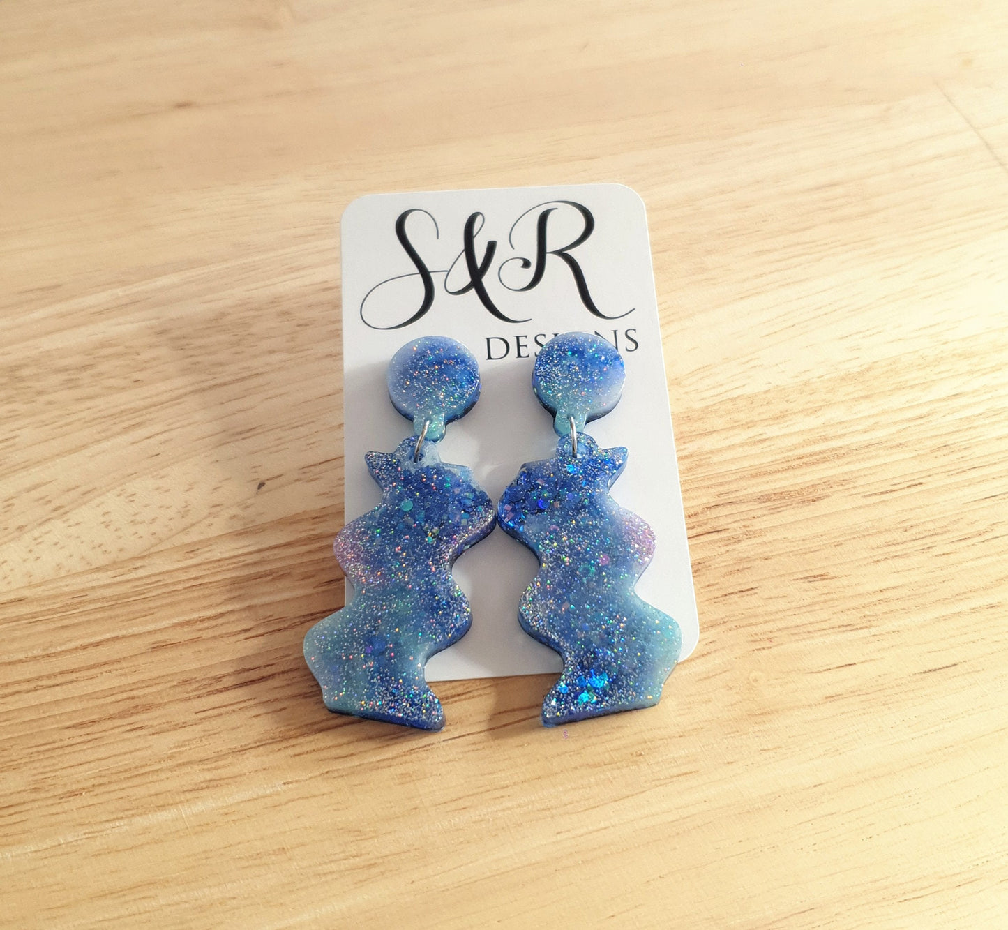 Blue Wave Dangle Drop Earrings, Blue and Purple Mix Glitters, Statement Handmade Resin Earrings