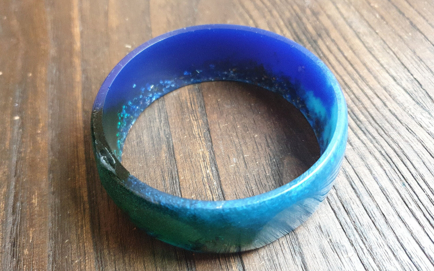 Blue Wide Resin Glitter Bangle, Blue, Aqua  Green Resin with Silver and Rosegold Leaf. Handmade Bangle 67mm inner diameter