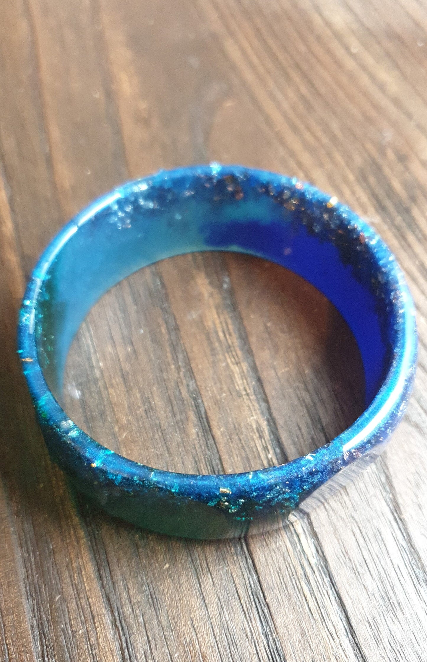 Blue Wide Resin Glitter Bangle, Blue, Aqua  Green Resin with Silver and Rosegold Leaf. Handmade Bangle 67mm inner diameter