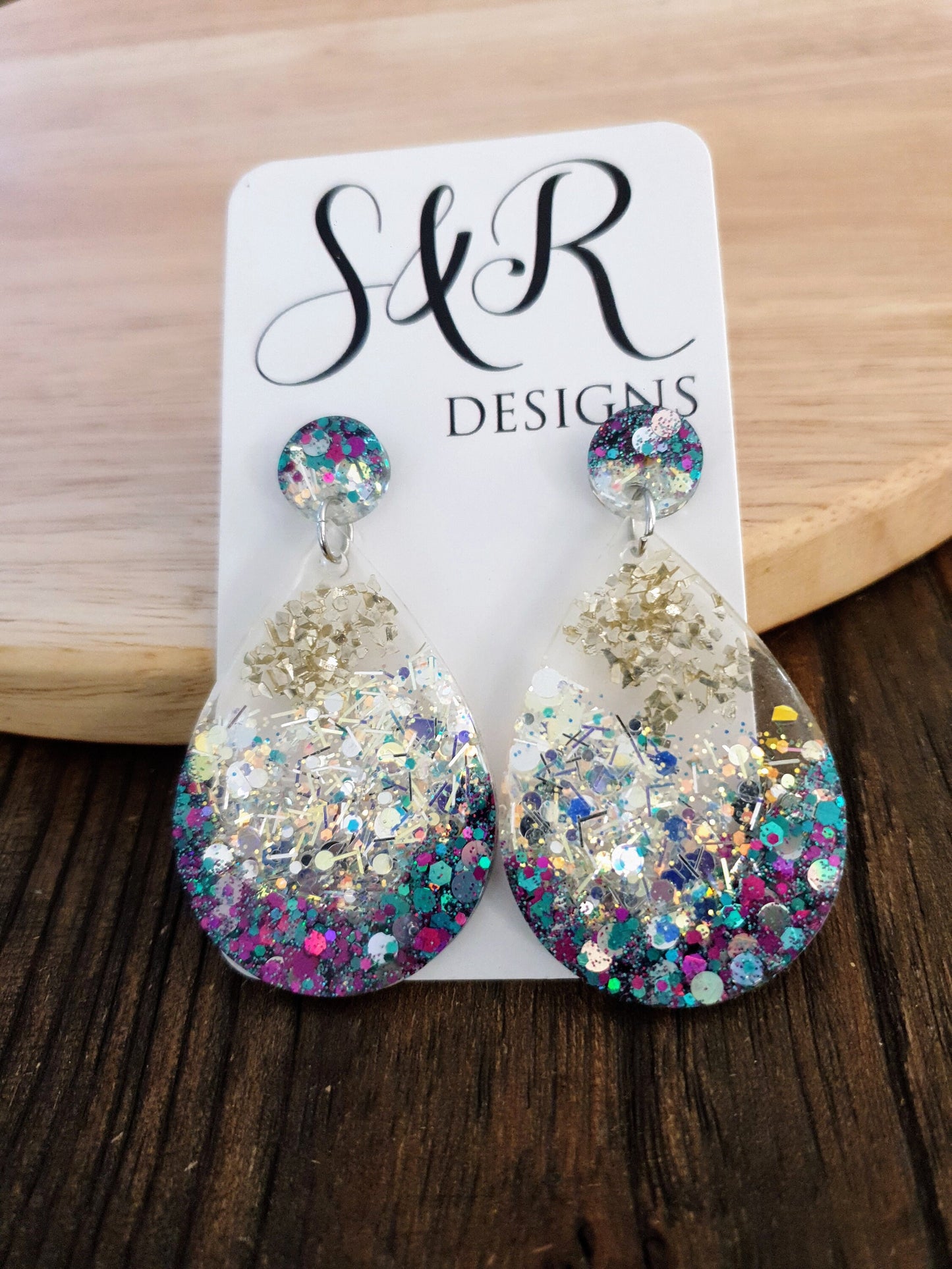 Teardrop Dangle Silver Earrings, White Silver Holographic with Purple Teal Glitter Resin Dangles, Stainless Steel, Statement Handmade Gift.