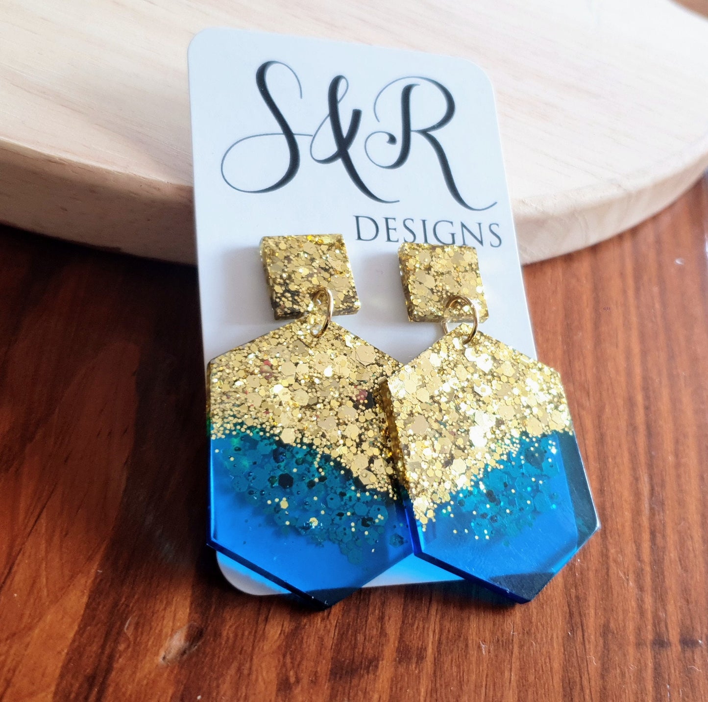 Brilliant Blue Hexagon Square Dangle Drop Earrings, Blue Resin with Gold Glitter Handmade Post Earrings, Statement Earrings, Jewellery Lover