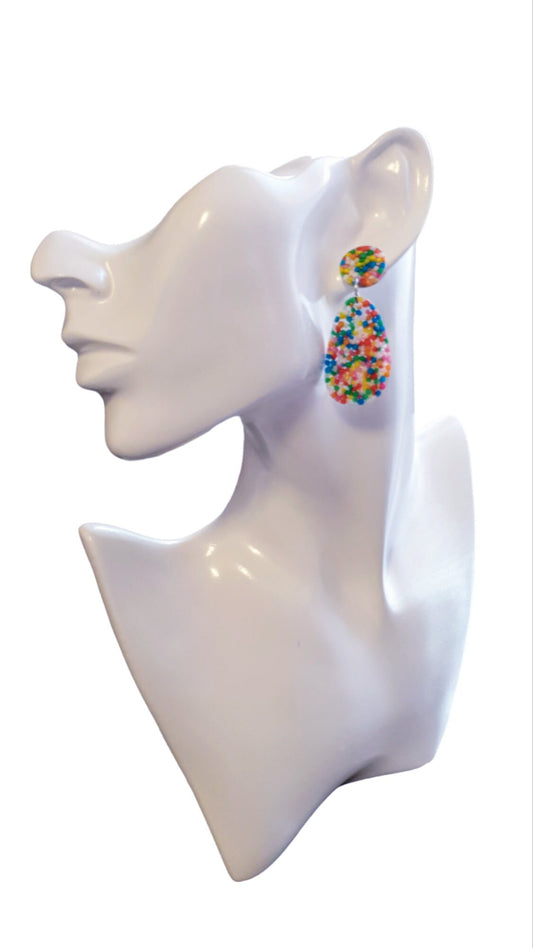 Statement Oval Organic Shape Drop Earrings, 100s and 1000s Multicoloured, Resin Handmade, Stainless Steel. Personalised Gift Custom Colours