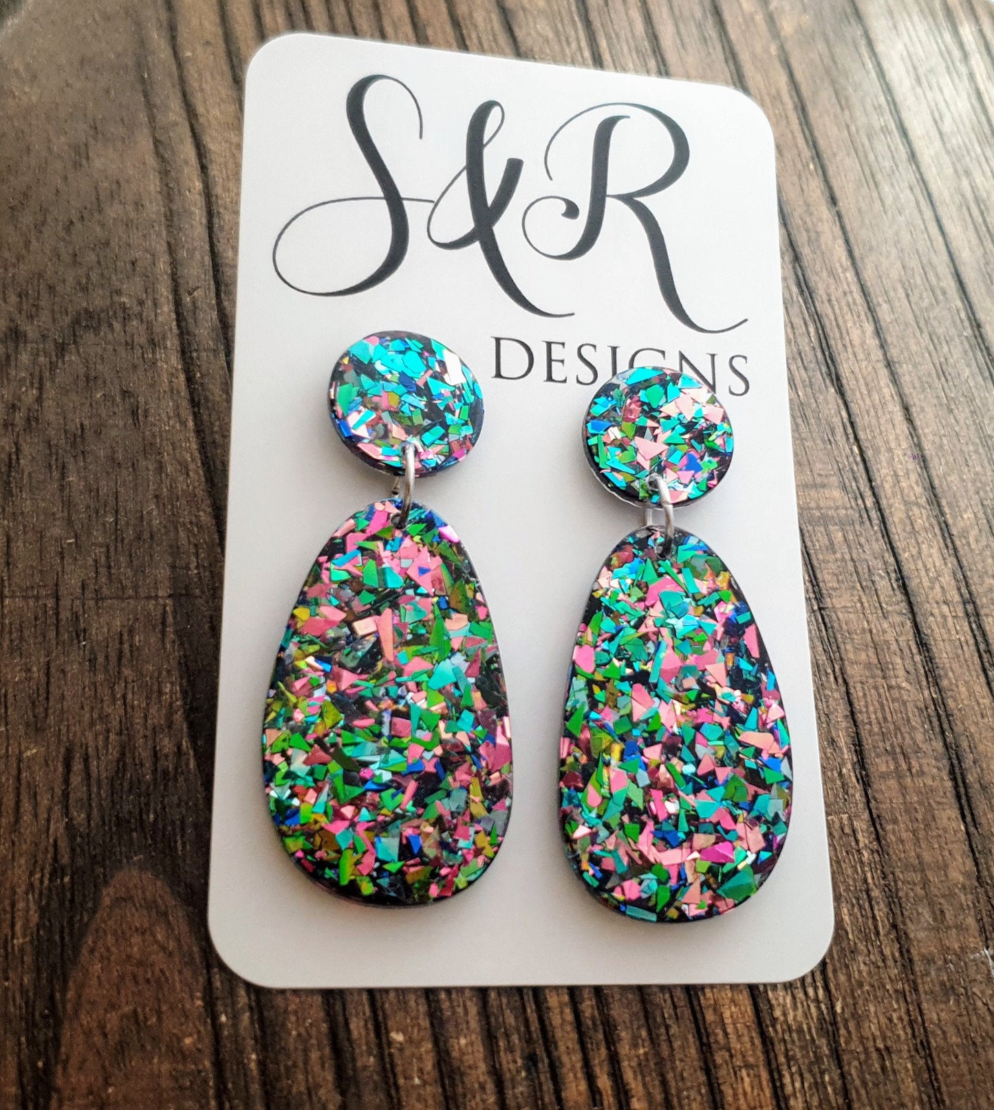 Statement Oval Organic Shape Drop Earrings, Green Blue Pink Tormented Glitter, Resin Handmade, Stainless Steel. Personalised Gift