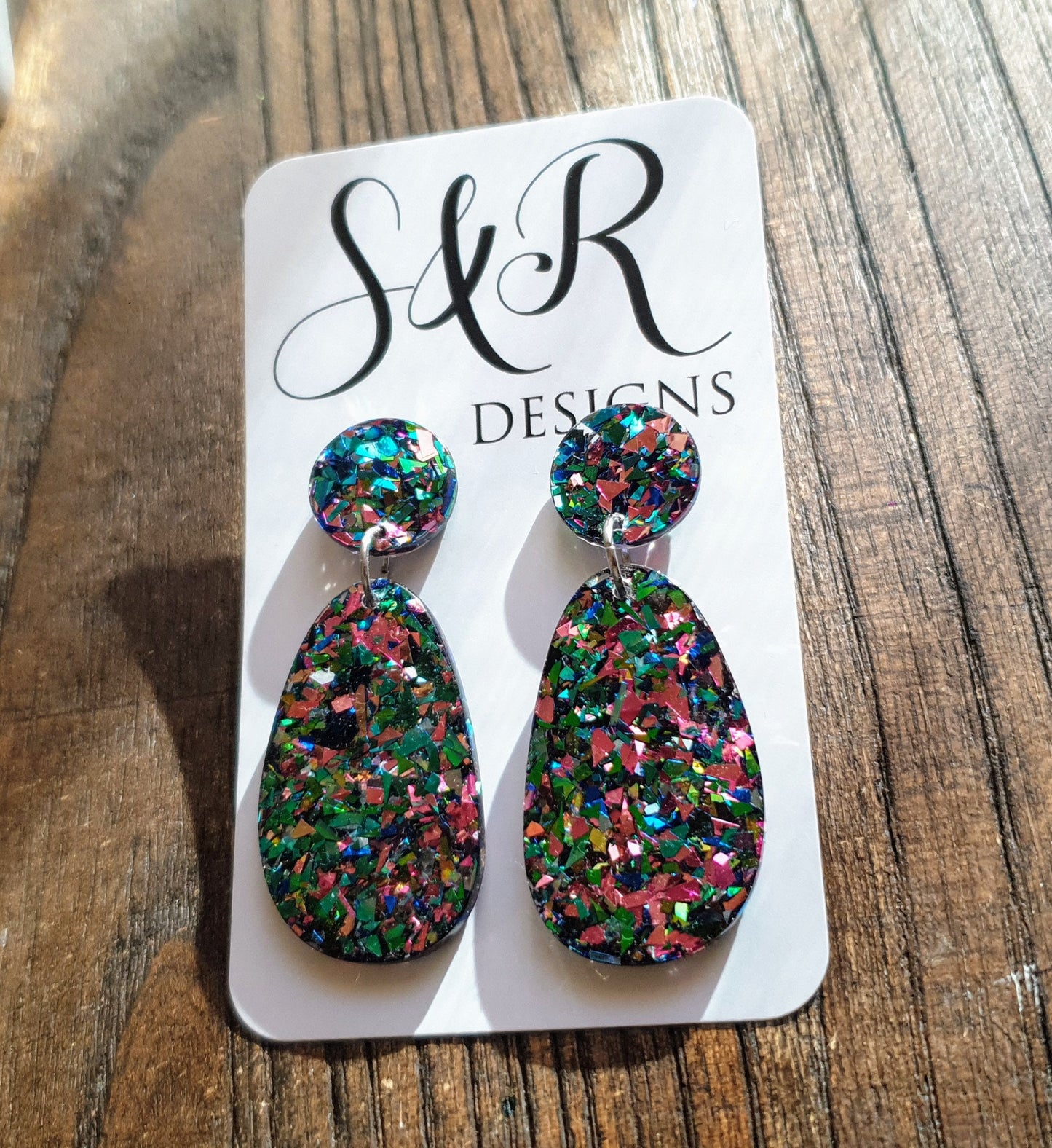 Statement Oval Organic Shape Drop Earrings, Green Blue Pink Tormented Glitter, Resin Handmade, Stainless Steel. Personalised Gift