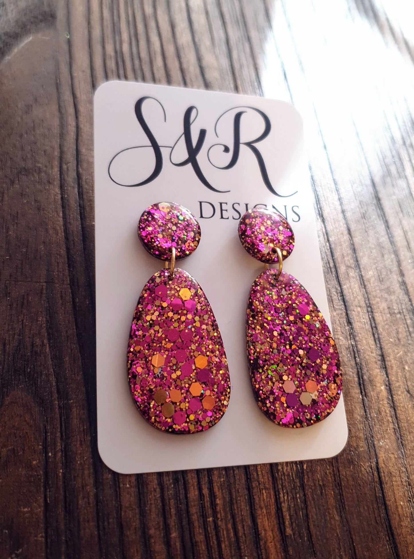 Statement Oval Organic Shape Drop Earrings, Gold Pink Mix Glitter, Resin Handmade, Stainless Steel. Personalised Gift