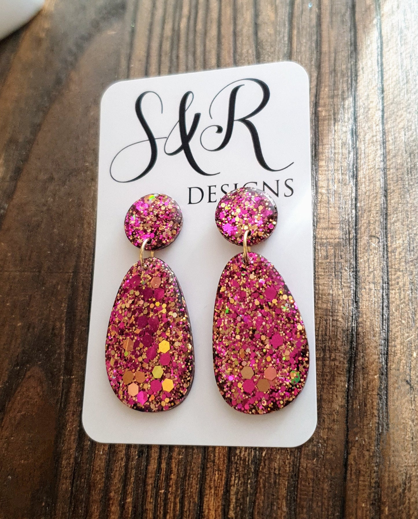 Statement Oval Organic Shape Drop Earrings, Gold Pink Mix Glitter, Resin Handmade, Stainless Steel. Personalised Gift