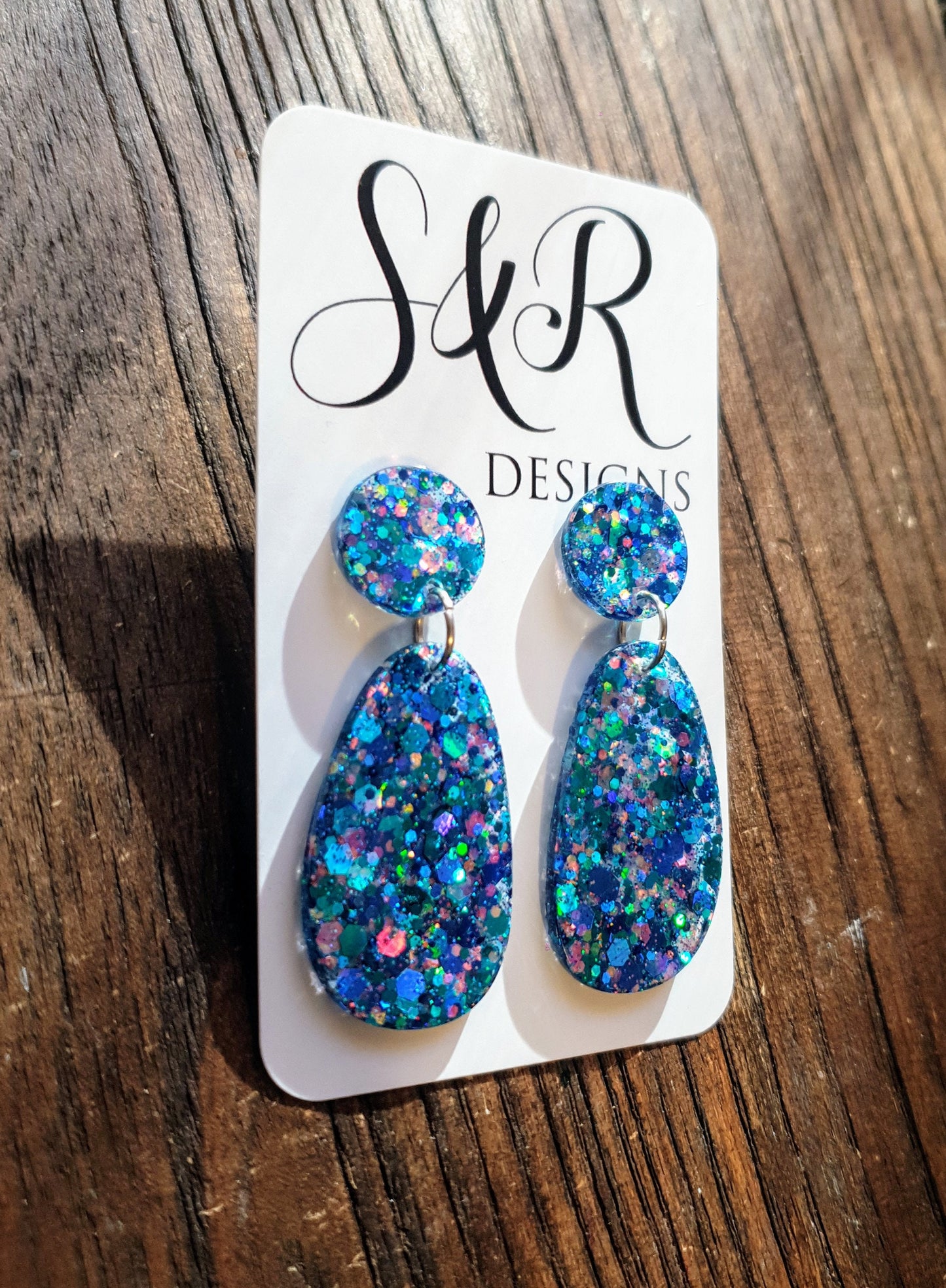 Statement Blue Oval Organic Shape Drop Earrings, Blue Holographic Pink Mix Glitter, Resin Handmade, Stainless Steel. Personalised Gift