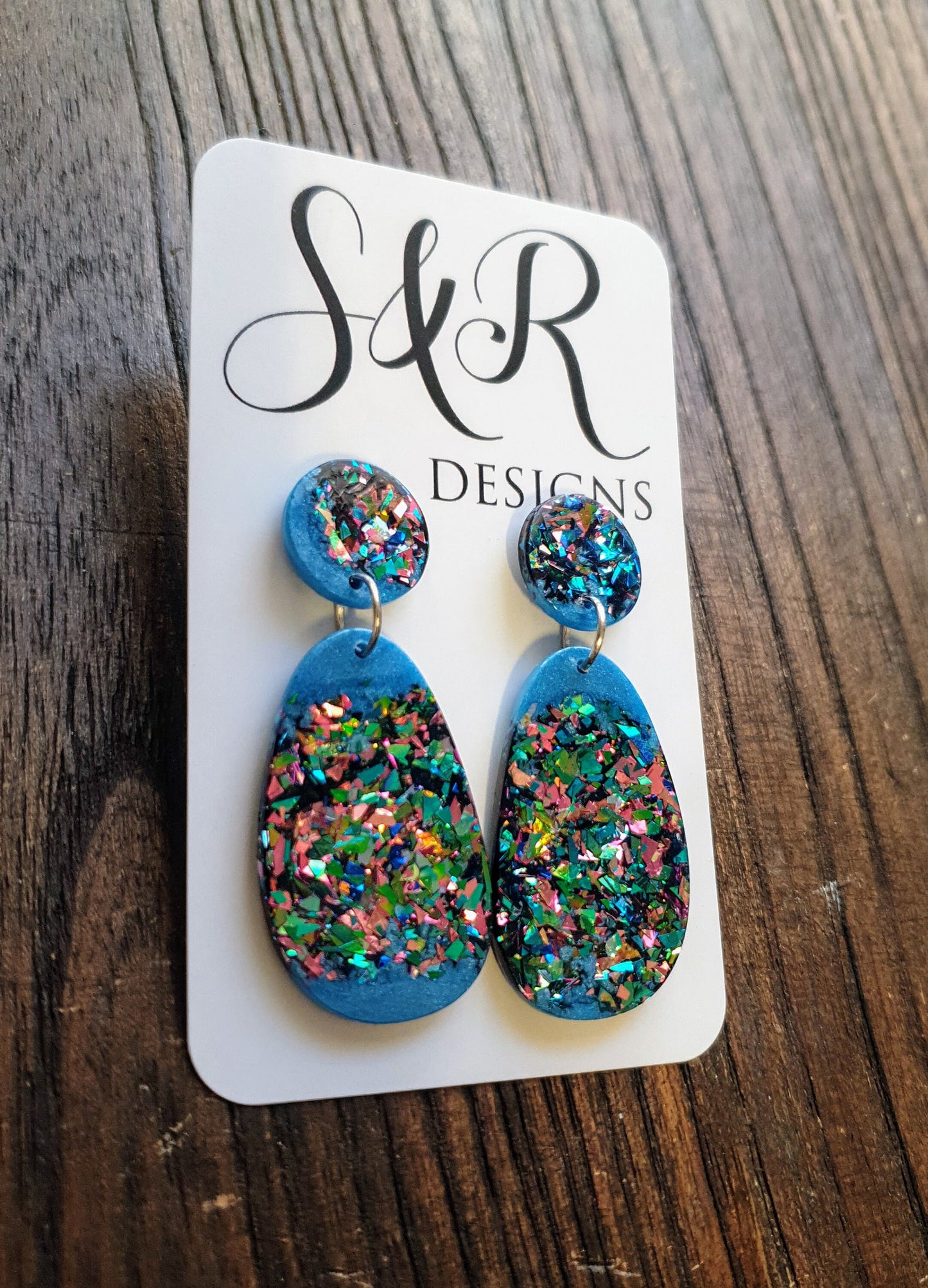 Sparkling Blue Multicoloured Organic Shape Drop Earrings, Green Blue Pink Teal Glitter, Resin Handmade, Stainless Steel. Earrings Lover Gift