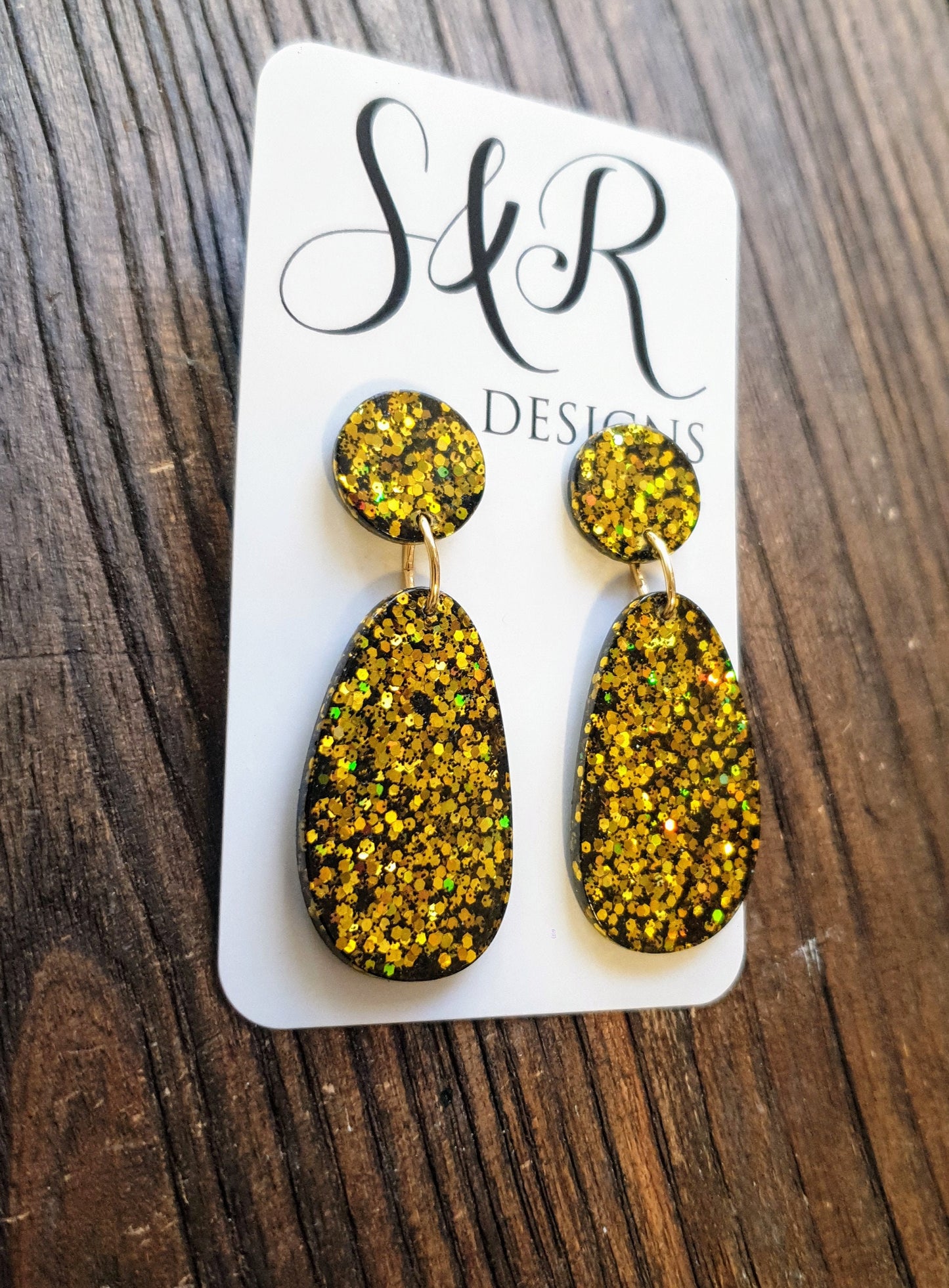 Black Gold Organic Shape Drop Earrings, Gold and Black Mix Glitter, Resin Handmade, Stainless Steel. Earrings Lover Gift