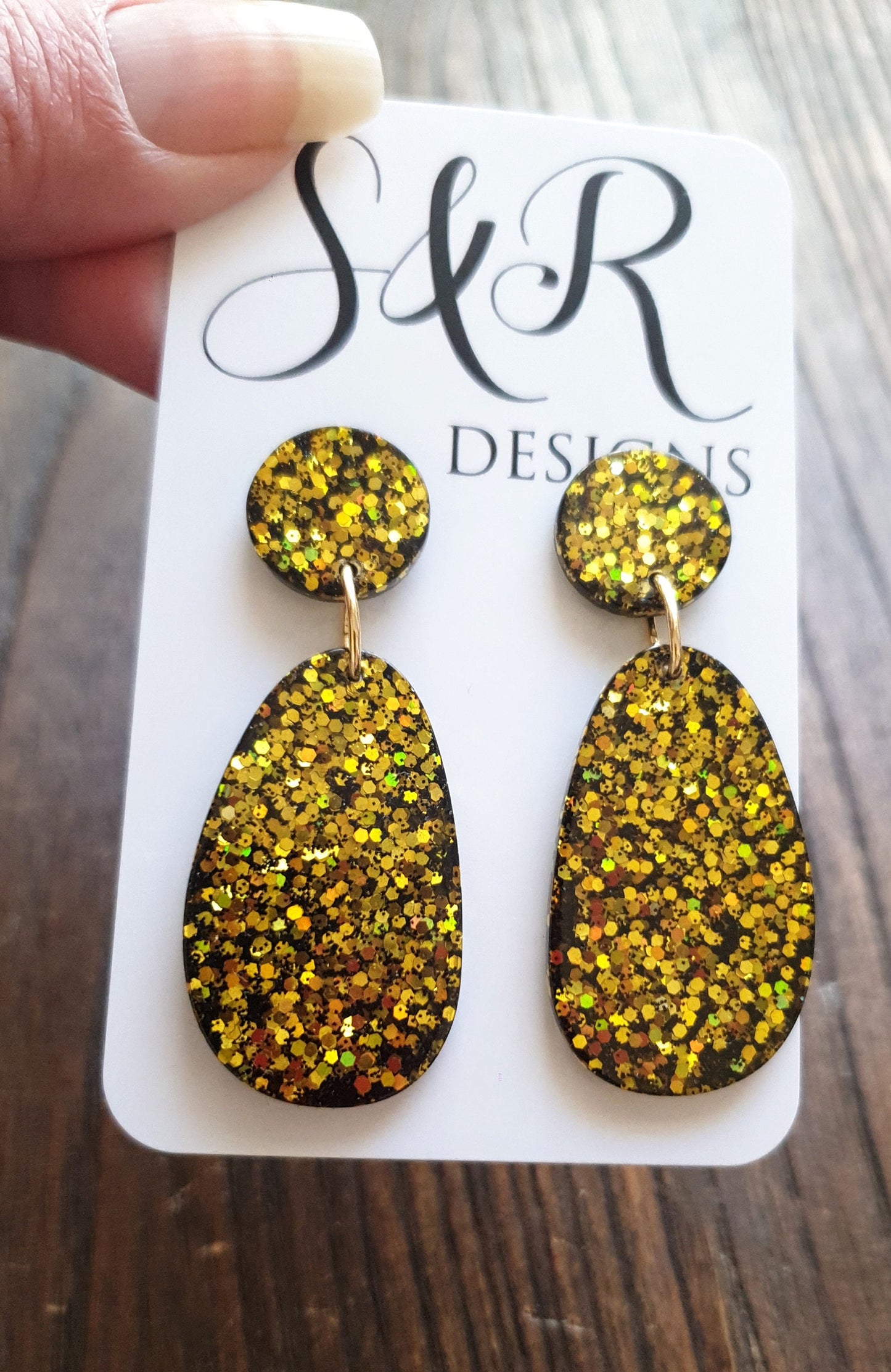 Black Gold Organic Shape Drop Earrings, Gold and Black Mix Glitter, Resin Handmade, Stainless Steel. Earrings Lover Gift