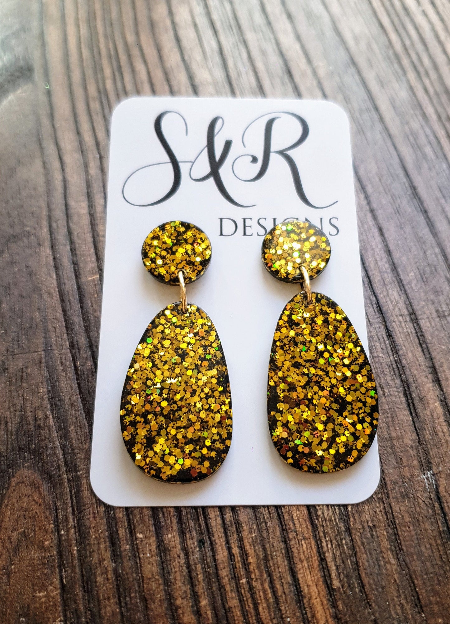Black Gold Organic Shape Drop Earrings, Gold and Black Mix Glitter, Resin Handmade, Stainless Steel. Earrings Lover Gift