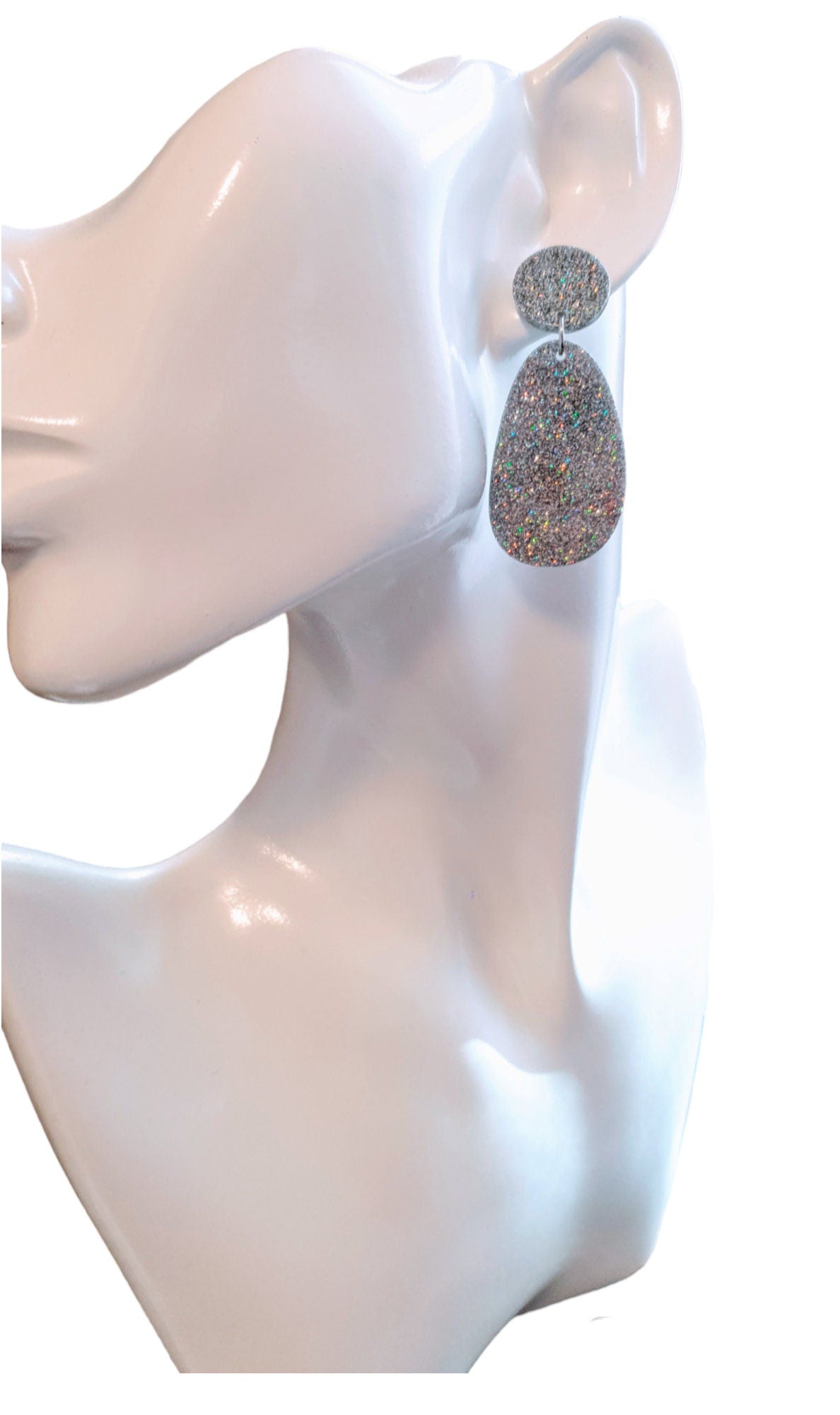Silver Holographic Organic Shape Drop Earrings, Silver Mix Glitter, Resin Handmade, Stainless Steel. Earrings Lover Gift