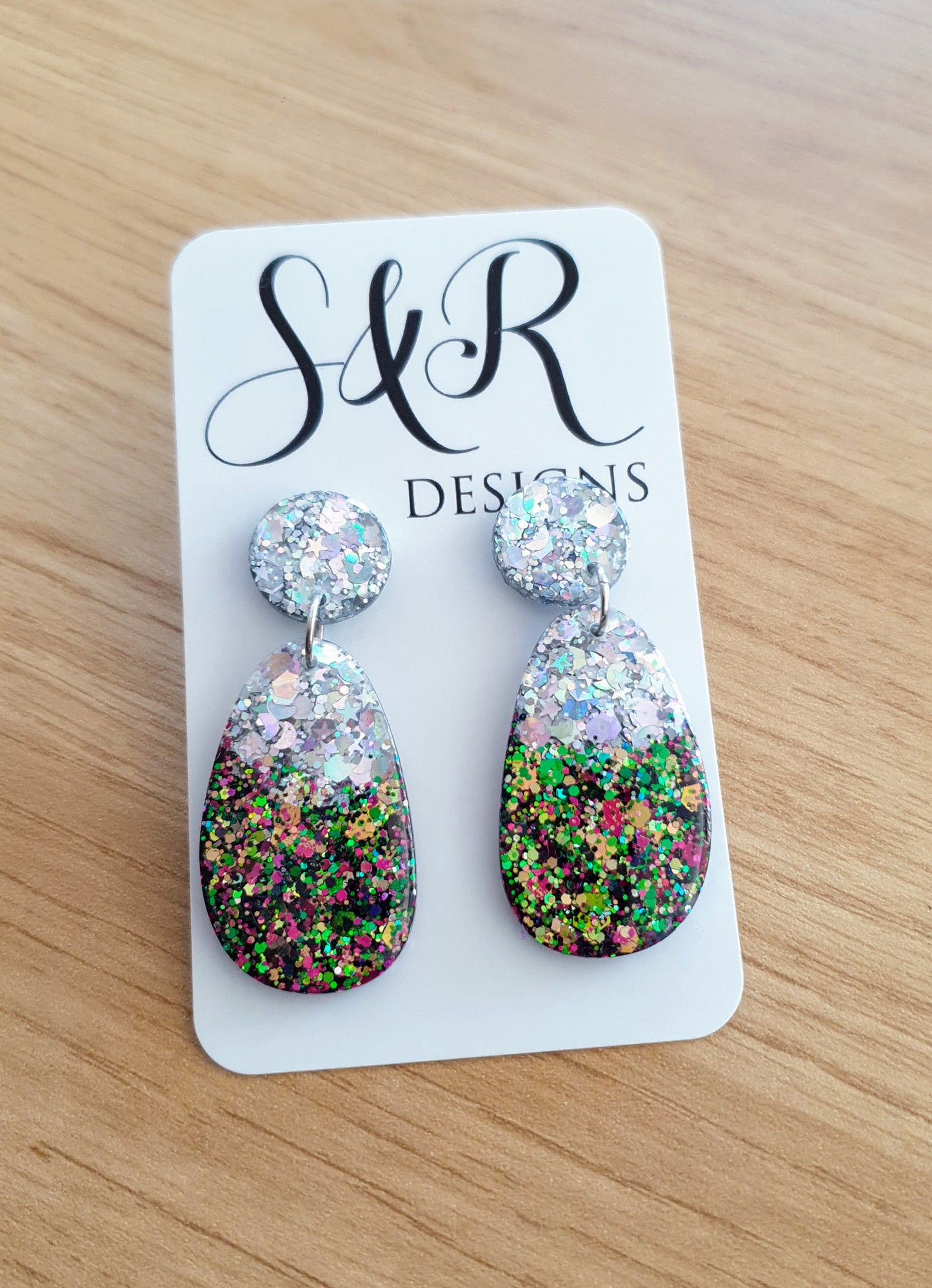 Silver Holographic Chameleon Organic Shape Drop Earrings, Silver Mix Glitter, Resin Handmade, Stainless Steel. Earrings Lover Gift