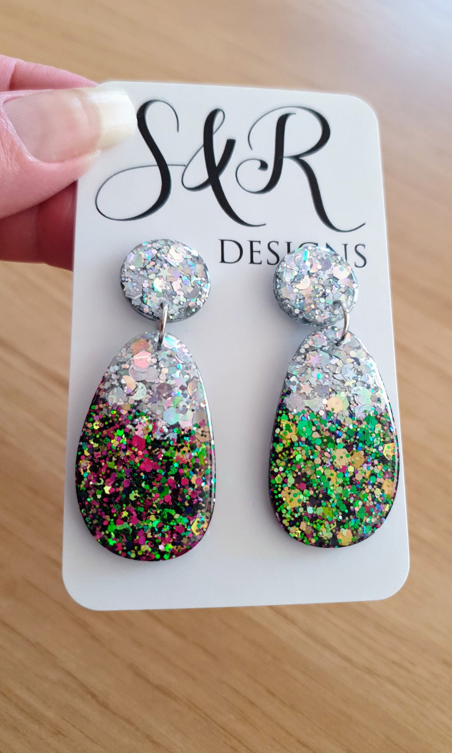 Silver Holographic Chameleon Organic Shape Drop Earrings, Silver Mix Glitter, Resin Handmade, Stainless Steel. Earrings Lover Gift