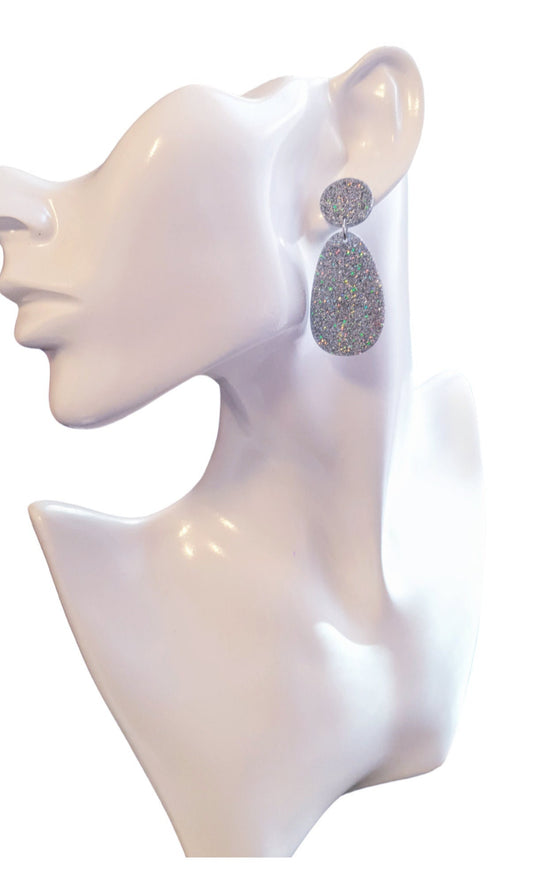 Silver Holographic Organic Shape Drop Earrings, Silver Mix Glitter, Resin Handmade, Stainless Steel. Earrings Lover Gift
