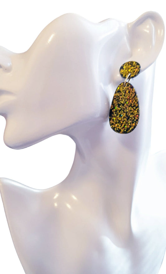 Black Gold Organic Shape Drop Earrings, Gold and Black Mix Glitter, Resin Handmade, Stainless Steel. Earrings Lover Gift