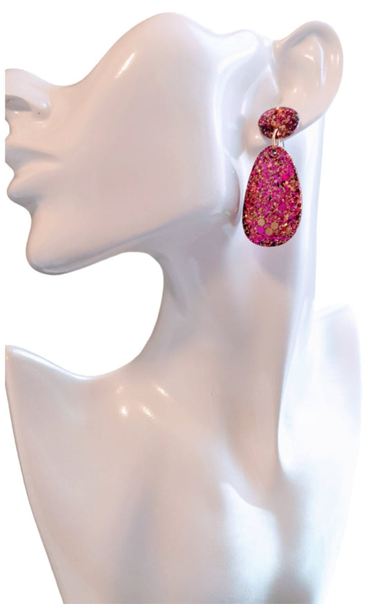 Statement Oval Organic Shape Drop Earrings, Gold Pink Mix Glitter, Resin Handmade, Stainless Steel. Personalised Gift