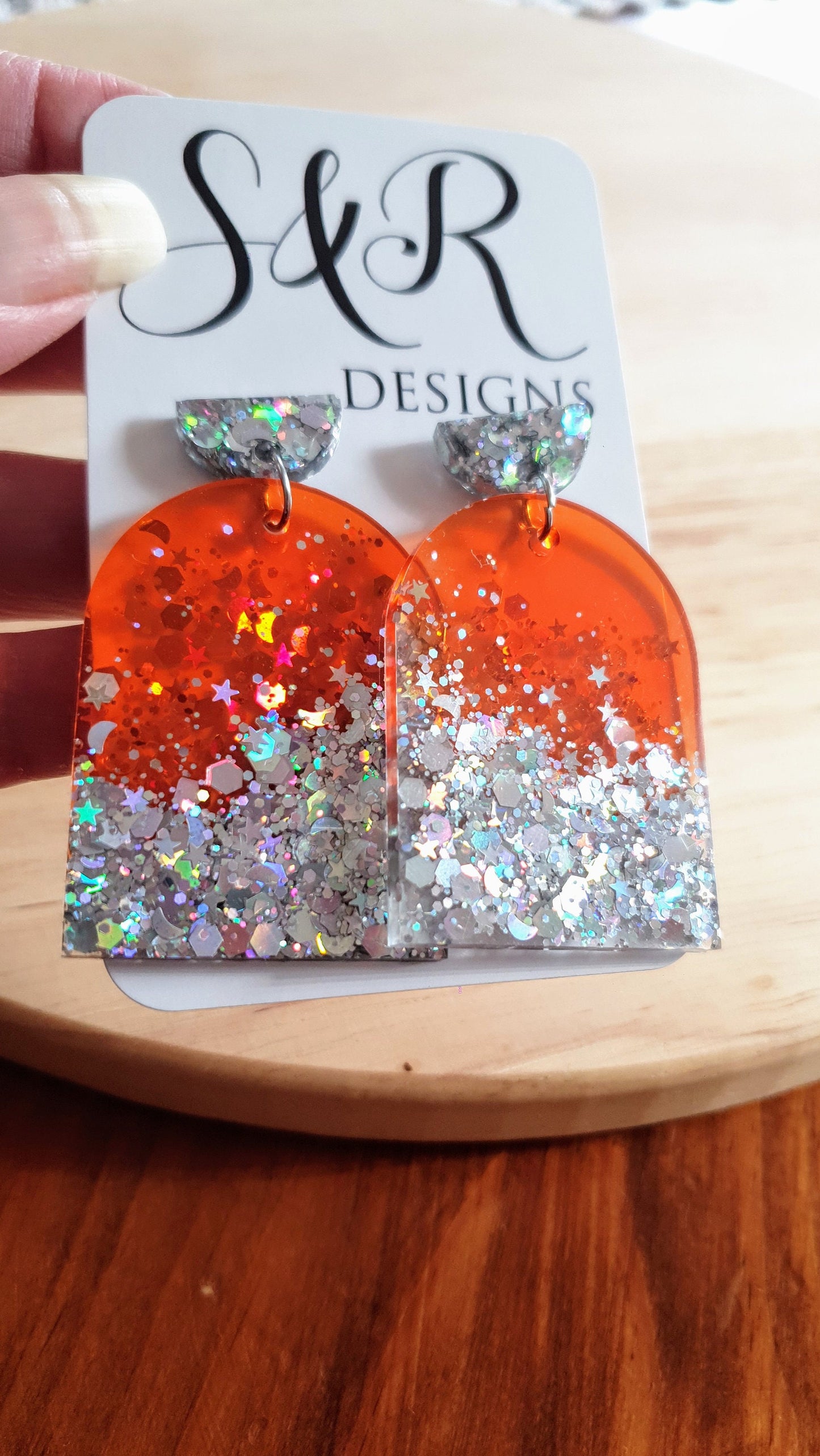 Burnt Orange Silver Drop Post Earrings, Glamour Glitter Arch Dangles, Orange with Silver Mix Chunky Glitter Handmade Resin, Statement Gift