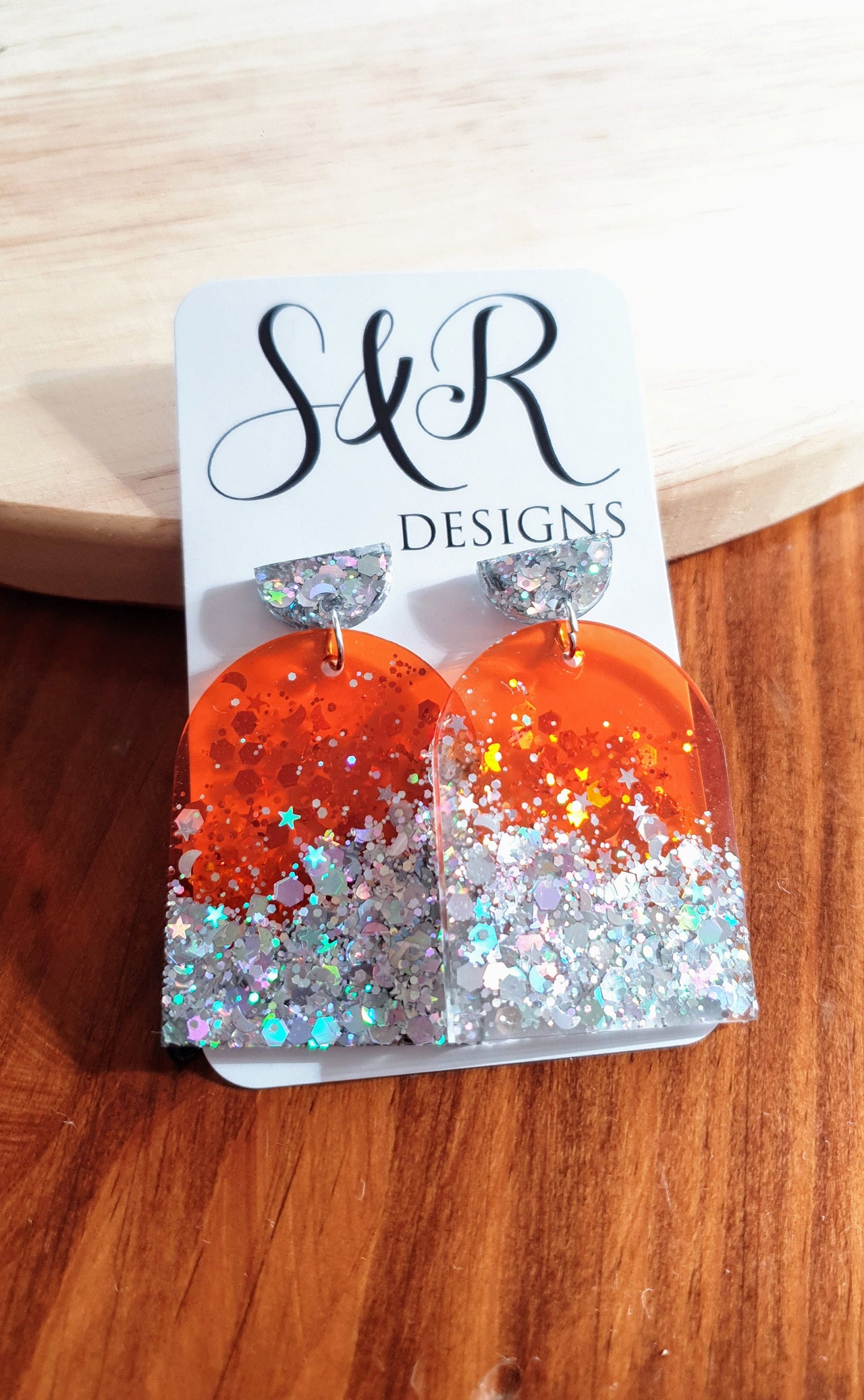 Burnt Orange Silver Drop Post Earrings, Glamour Glitter Arch Dangles, Orange with Silver Mix Chunky Glitter Handmade Resin, Statement Gift