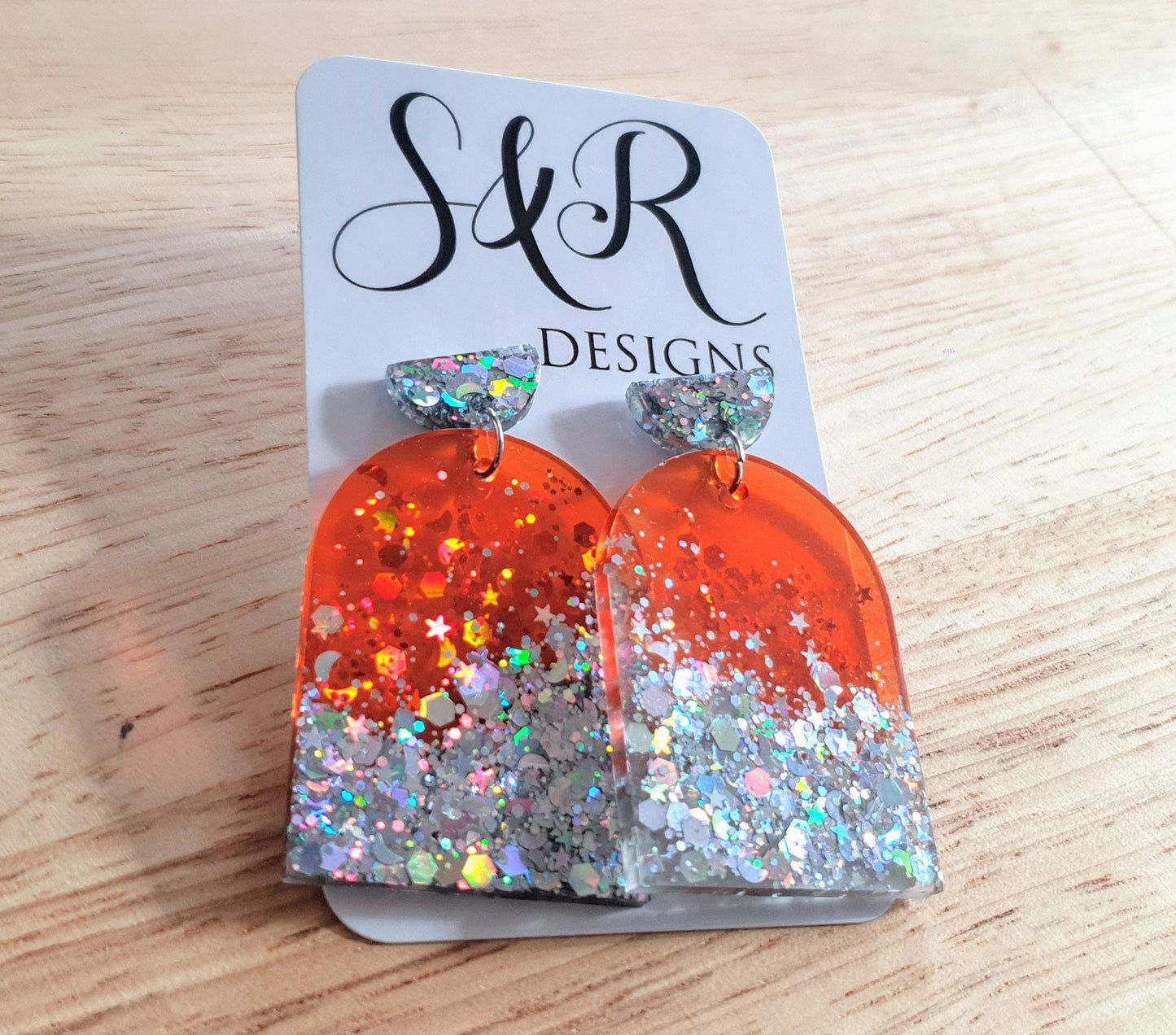 Burnt Orange Silver Drop Post Earrings, Glamour Glitter Arch Dangles, Orange with Silver Mix Chunky Glitter Handmade Resin, Statement Gift