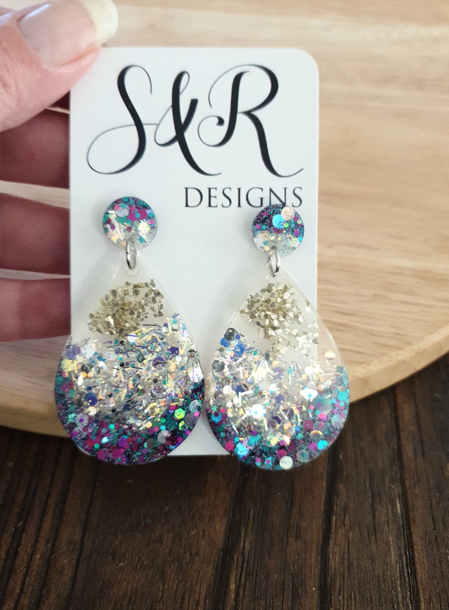 Teardrop Dangle Silver Earrings, White Silver Holographic with Purple Teal Glitter Resin Dangles, Stainless Steel, Statement Handmade Gift.
