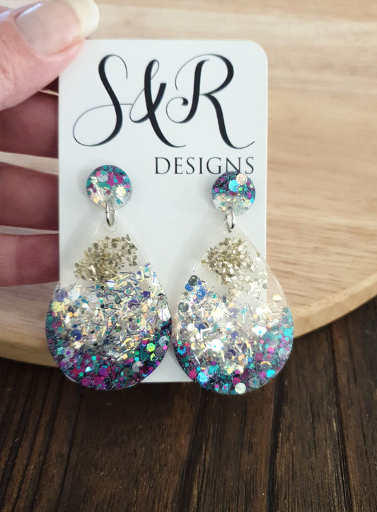 Teardrop Dangle Silver Earrings, White Silver Holographic with Purple Teal Glitter Resin Dangles, Stainless Steel, Statement Handmade Gift.