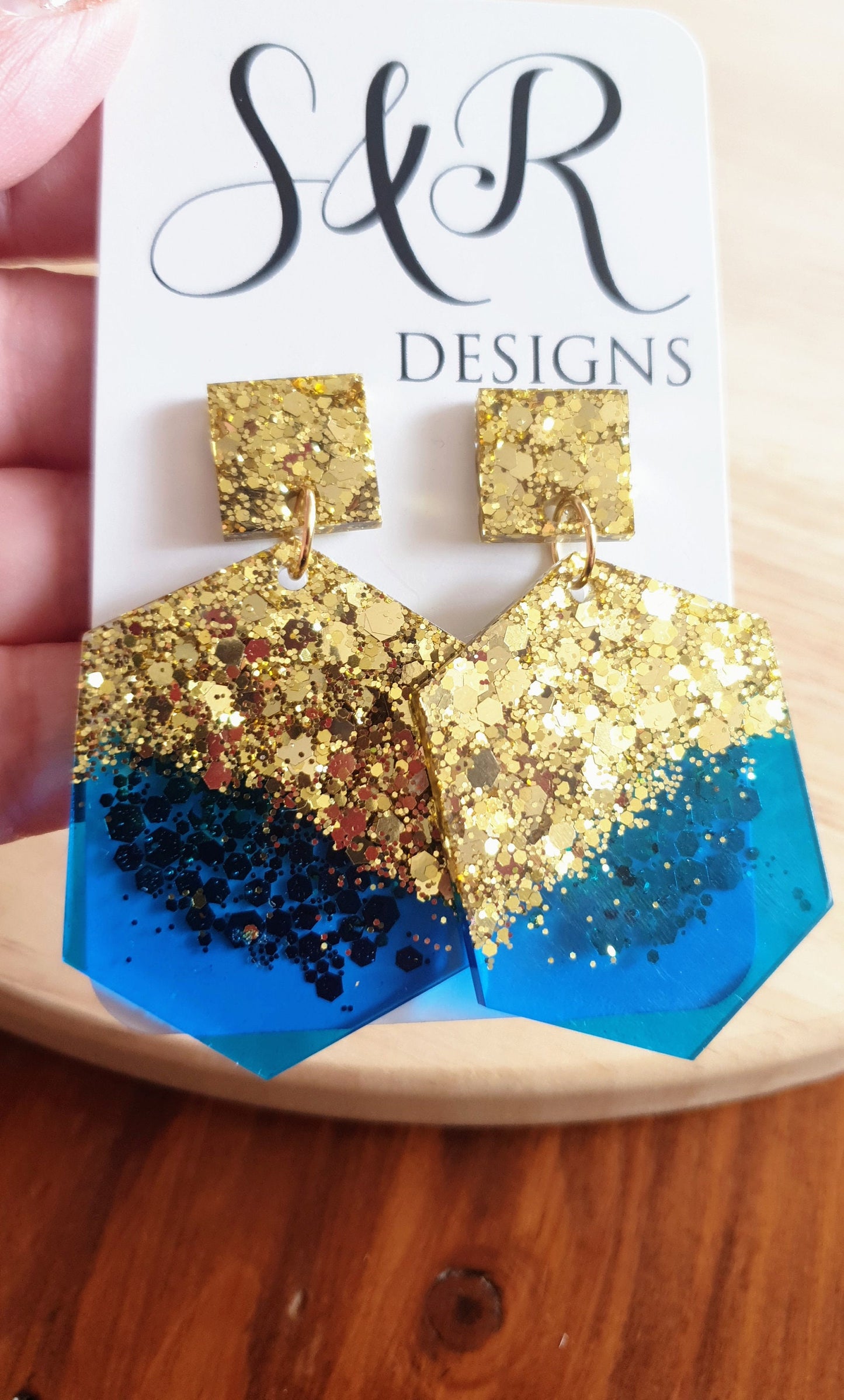 Brilliant Blue Hexagon Square Dangle Drop Earrings, Blue Resin with Gold Glitter Handmade Post Earrings, Statement Earrings, Jewellery Lover